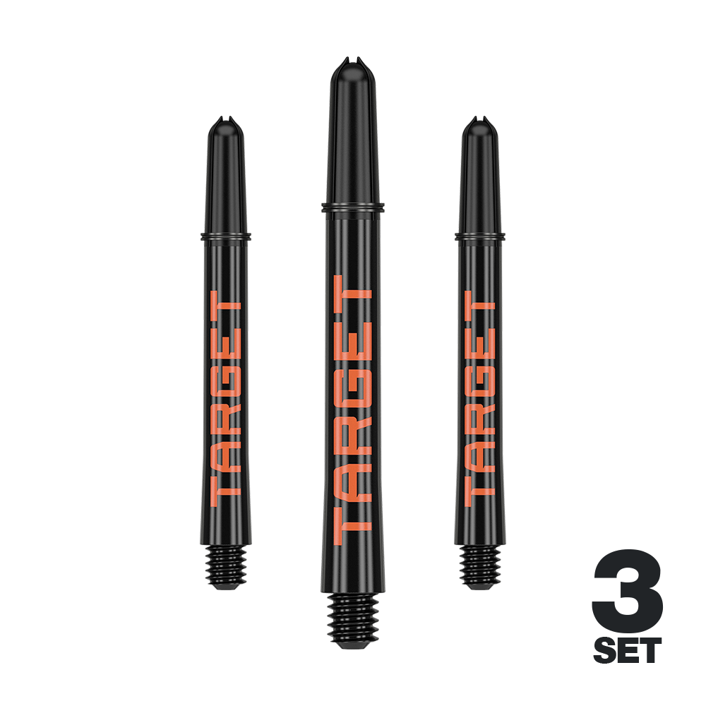 Aste Target Pro Grip TAG - 3 set - Nero Arancione Das Bild zeigt drei schwarze Dartschäfte mit orangefarbener Aufschrift "TARGET". In der rechten unteren Ecke steht "3 SET".