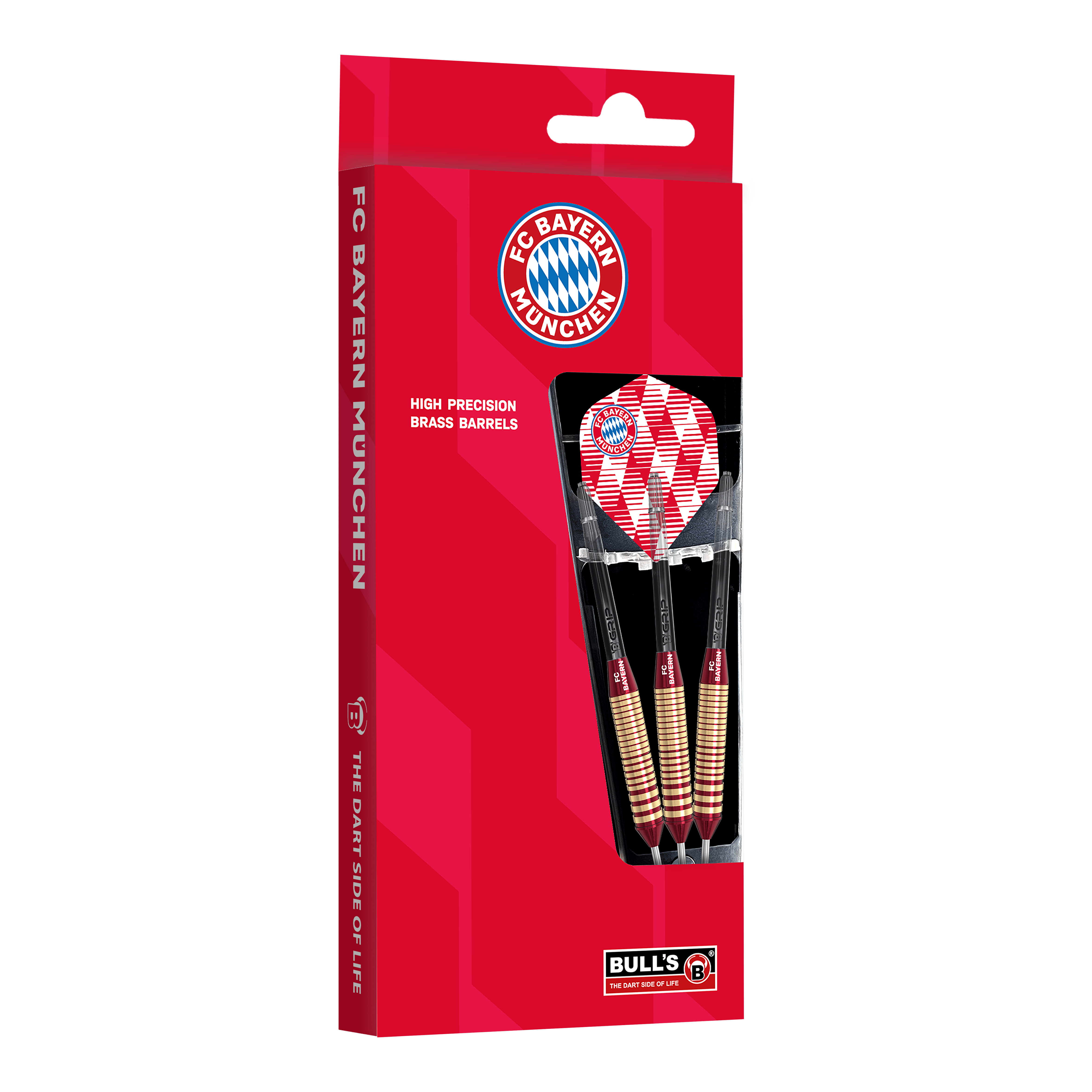 Freccette in acciaio e ottone Bulls FC Bayern Monaco - 21 g Das Bild zeigt die Bulls FC Bayern München Brass Steeldarts mit 21 Gramm Gewicht. Die Darts sind im Design des Fußballvereins FC Bayern München gehalten.