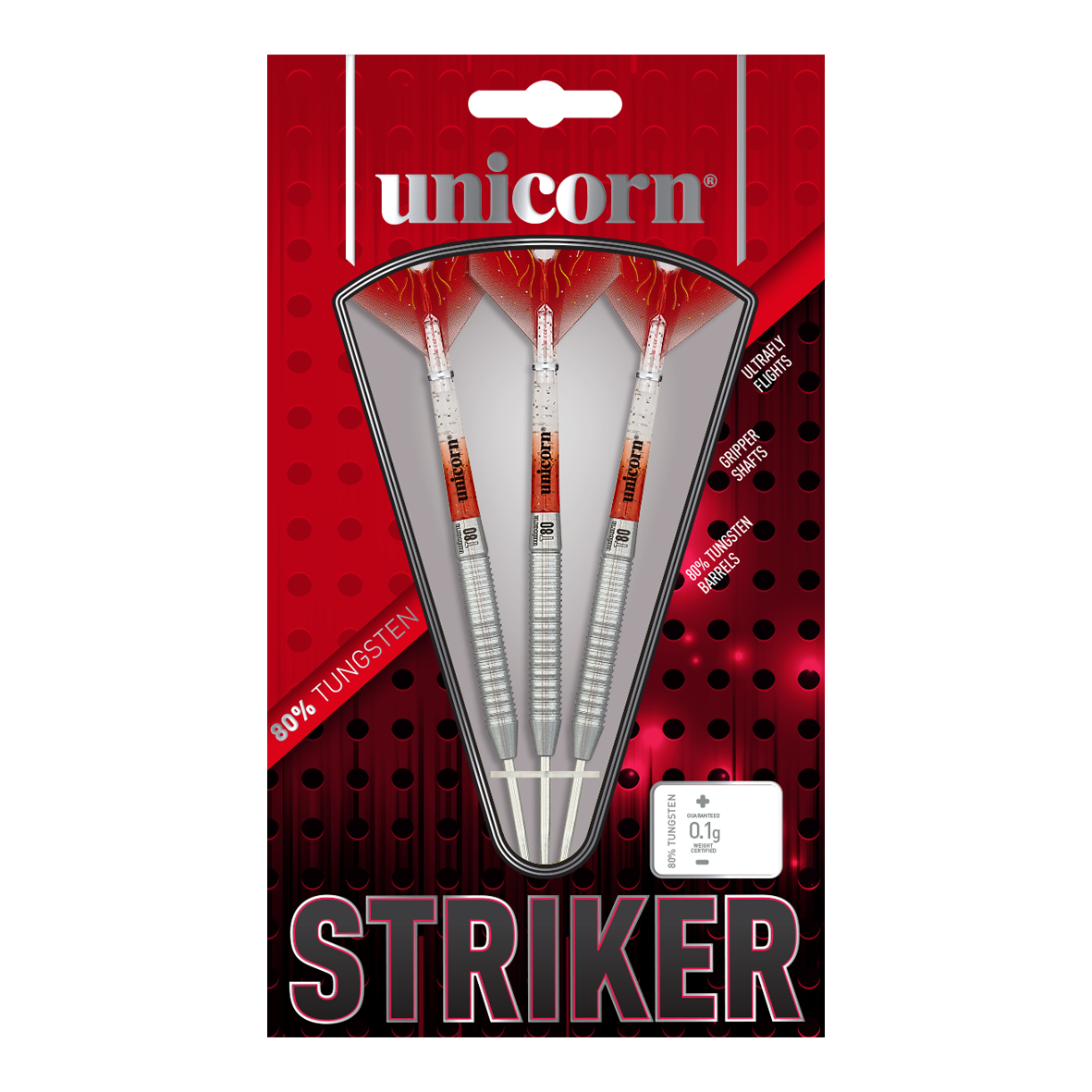 Freccette in acciaio Unicorn Core XL Striker Style 1 - 22 g Auf dem Bild sind drei Unicorn Core XL Striker Style 1 Steeldarts mit einem Gewicht von 22g zu sehen. Die Verpackung ist rot-schwarz gestaltet und hebt 80% Tungsten-Barrels hervor.