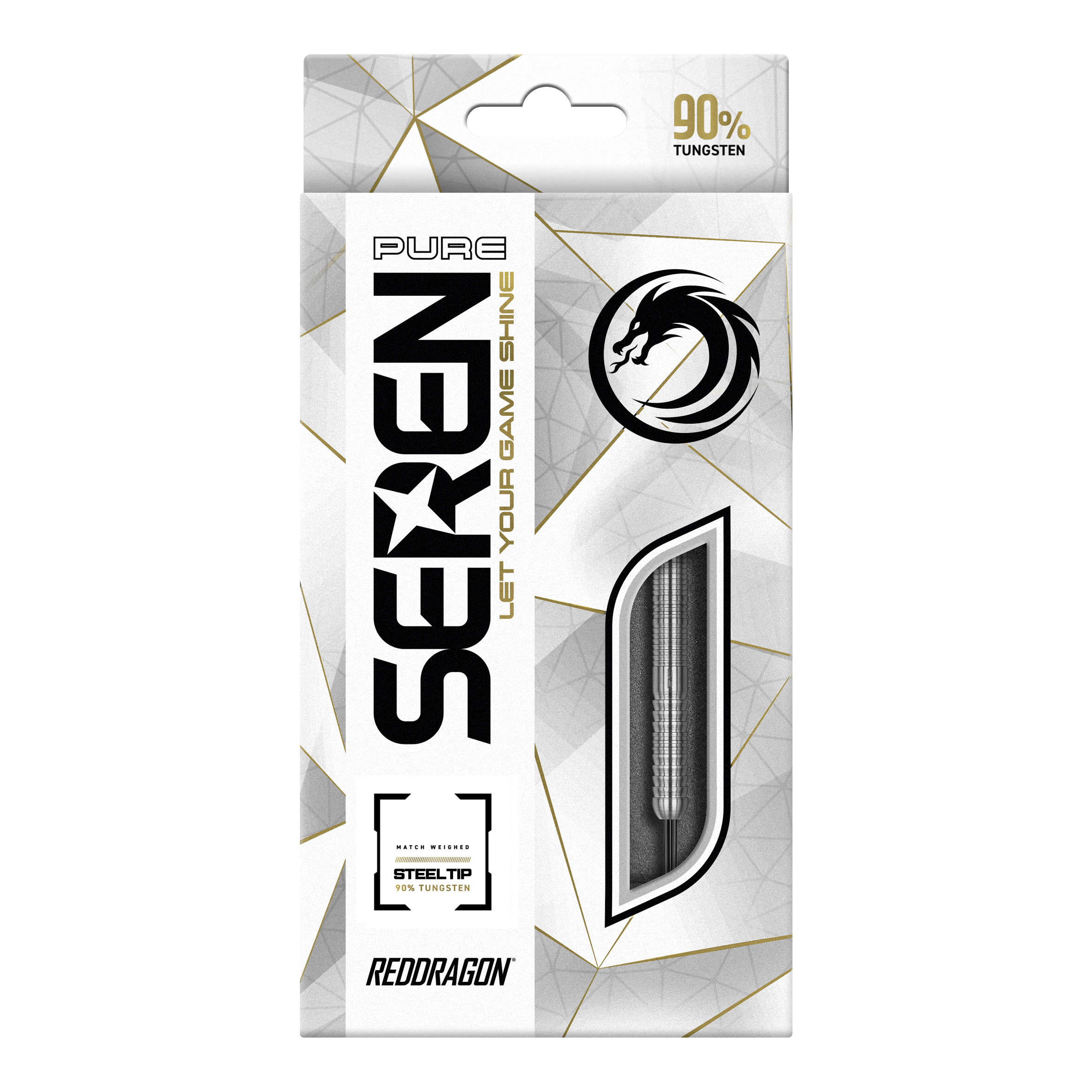 Die Verpackung zeigt das Produkt "Red Dragon Seren 1 Pure Steeldarts". Auf der Vorderseite wird hervorgehoben, dass die Darts aus 90% Tungsten bestehen.