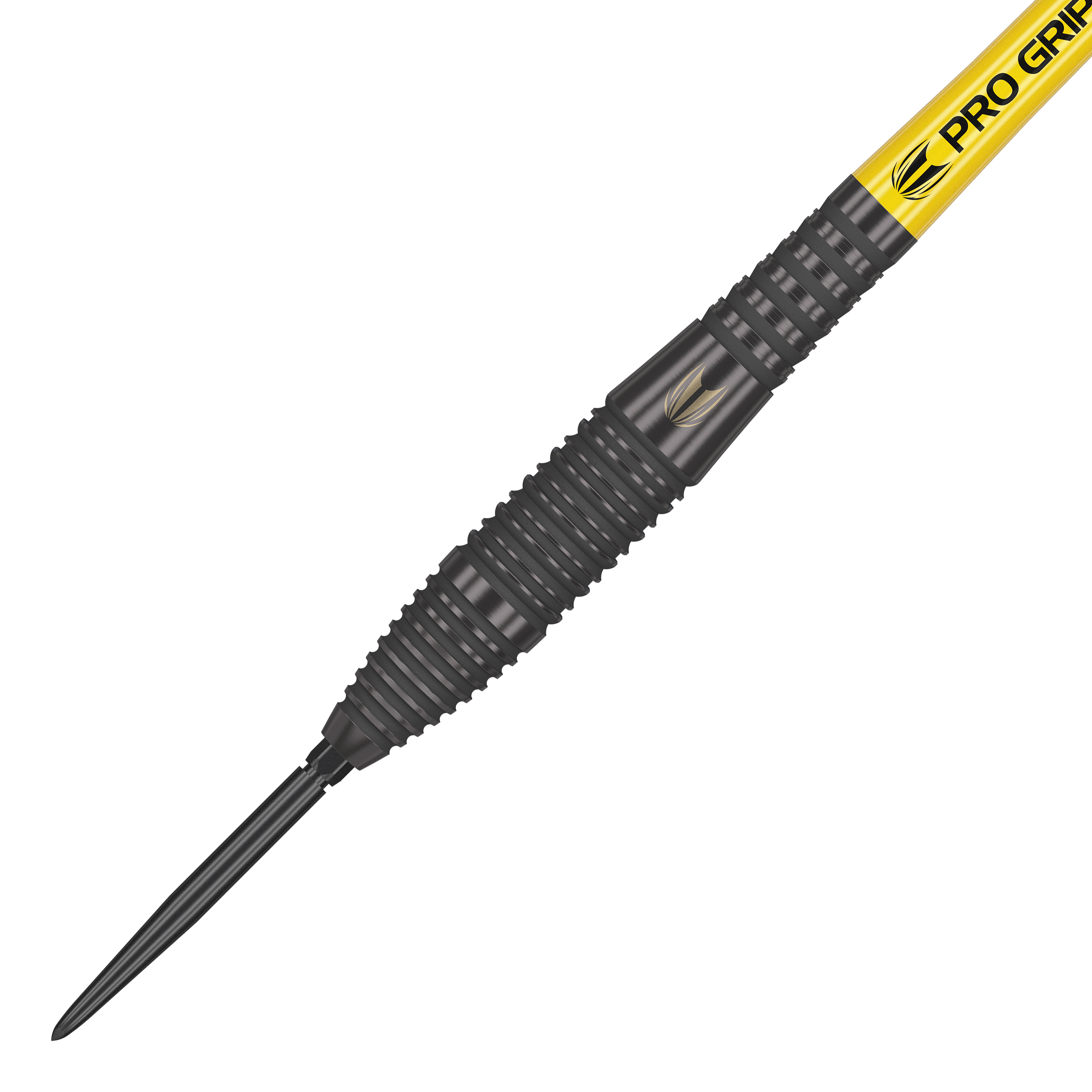 Freccette in acciaio Target Bolide Void 05 Swiss Point Das Bild zeigt einen Target Bolide Void 05 Swiss Point Steeldart. Der Dart hat eine schwarze, gerillte Oberfläche und einen gelben Schaft mit der Aufschrift "Pro Grip".