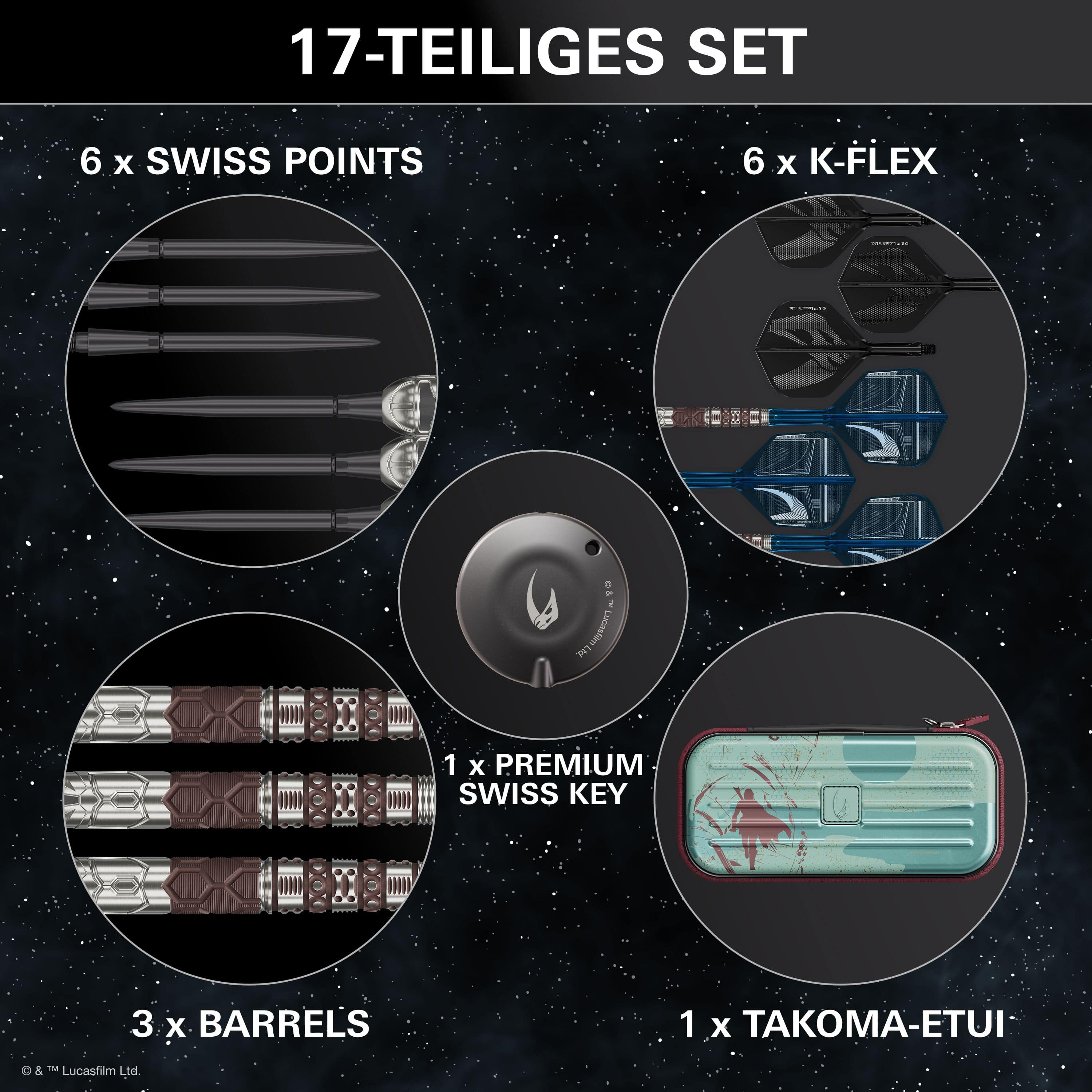 Dardi in acciaio Target Star Wars Mandalorian 95 Swiss Point Abgebildet sind die Target Star Wars Mandalorian 95 Swiss Point Steeldarts. Sie sind speziell für Fans von Star Wars und Mandalorian entwickelt.