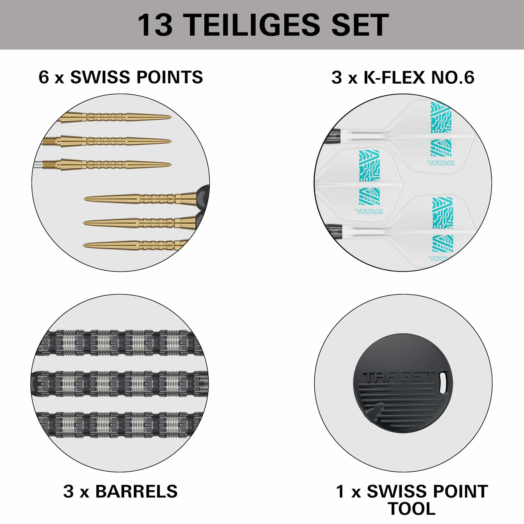 Freccette Target Rob Cross 95K Swiss Point Steel Das Bild zeigt das 13-teilige Set der Target Rob Cross 95K Swiss Point Steeldarts. Es enthält 6 Swiss Points, 3 K-Flex No.6 Flights, 3 Barrels und 1 Swiss Point Tool.