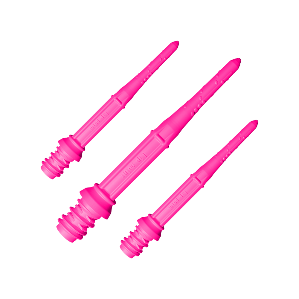 LIP_L-Style_Premium_Lippoints_30_Softdartspitzen_30erPack_NeonPink_1 Das Bild zeigt drei pinke Dartspitzen des Produkts "L-Style Premium Lippoints 30 (30er Pack) - 30mm". Sie sind länglich und haben eine strukturierte Oberfläche.