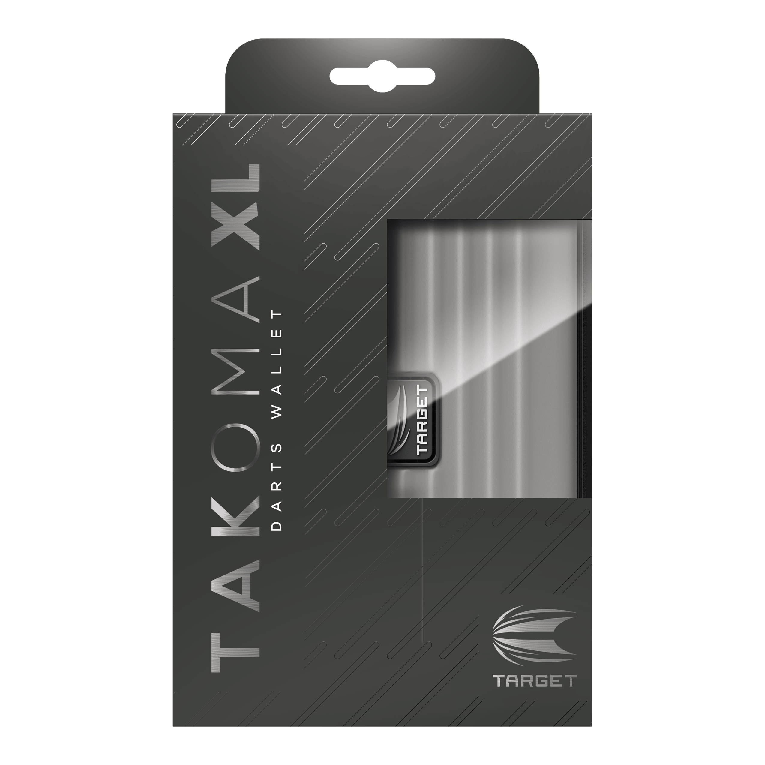 Portafoglio Target Takoma XL Dartwallet Die Abbildung zeigt eine Verpackung für ein Dart-Etui mit der Aufschrift "TAKOMA XL DARTS WALLET". Die Verpackung ist grau und bietet durch ein Sichtfenster einen Blick auf das darin enthaltene Etui.
