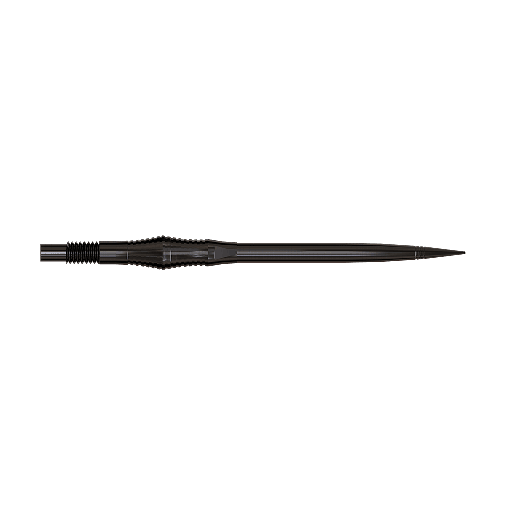 Harrows Quick Point Spire Elite Series Dartspitzen - Schwarz Dartspitzen der Spire Black Elite Serie sind zu sehen. Sie sind schlank und dunkel.