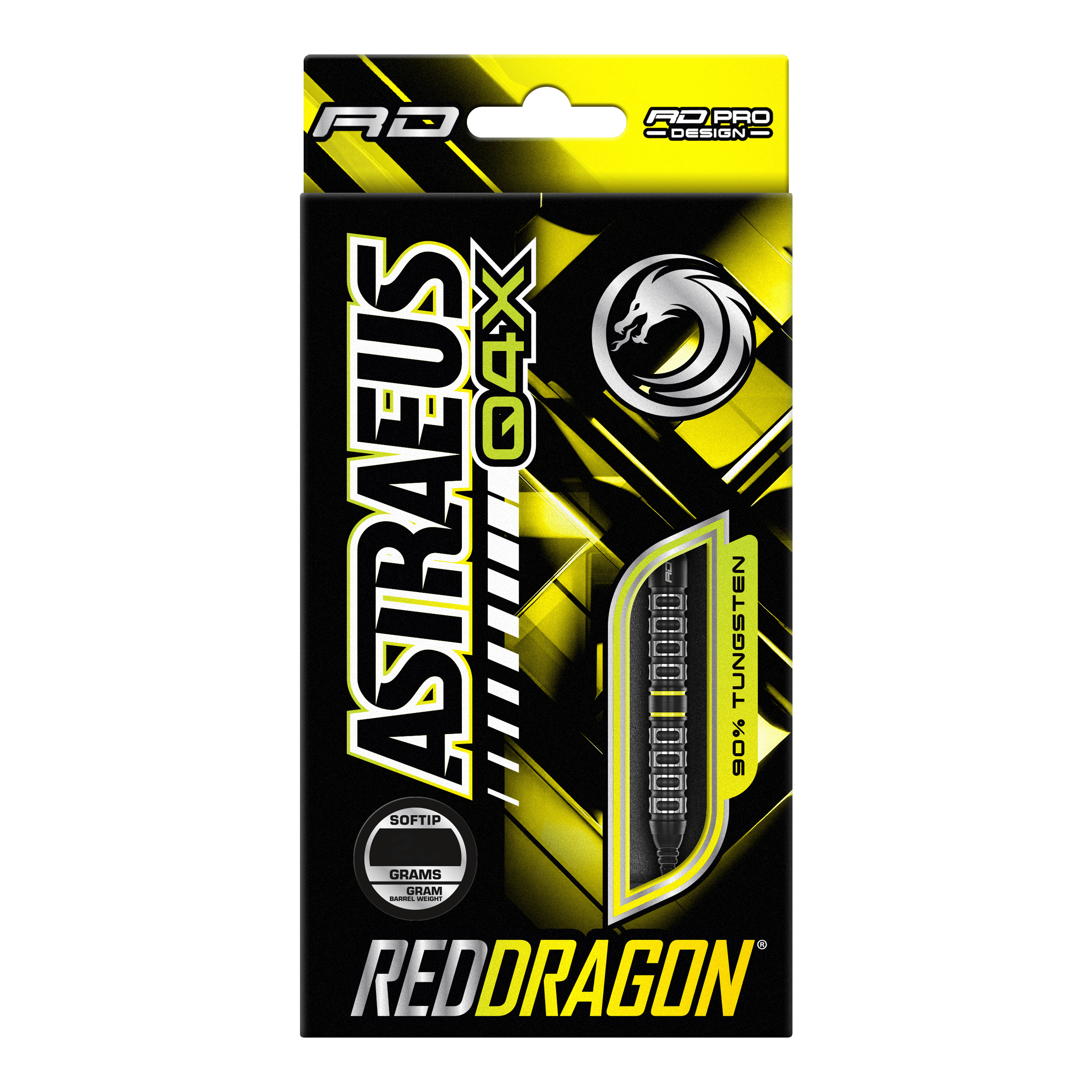 Red Dragon Astraeus Q4X Dardi Soft Paralleli - 20g Die Verpackung zeigt die Softdarts "Red Dragon Astraeus Q4X Parallel" mit einem Gewicht von 20 Gramm. Das Design ist hauptsächlich in Schwarz und Gelb gehalten und hebt hervor, dass die Darts zu 90% aus Tungsten bestehen.