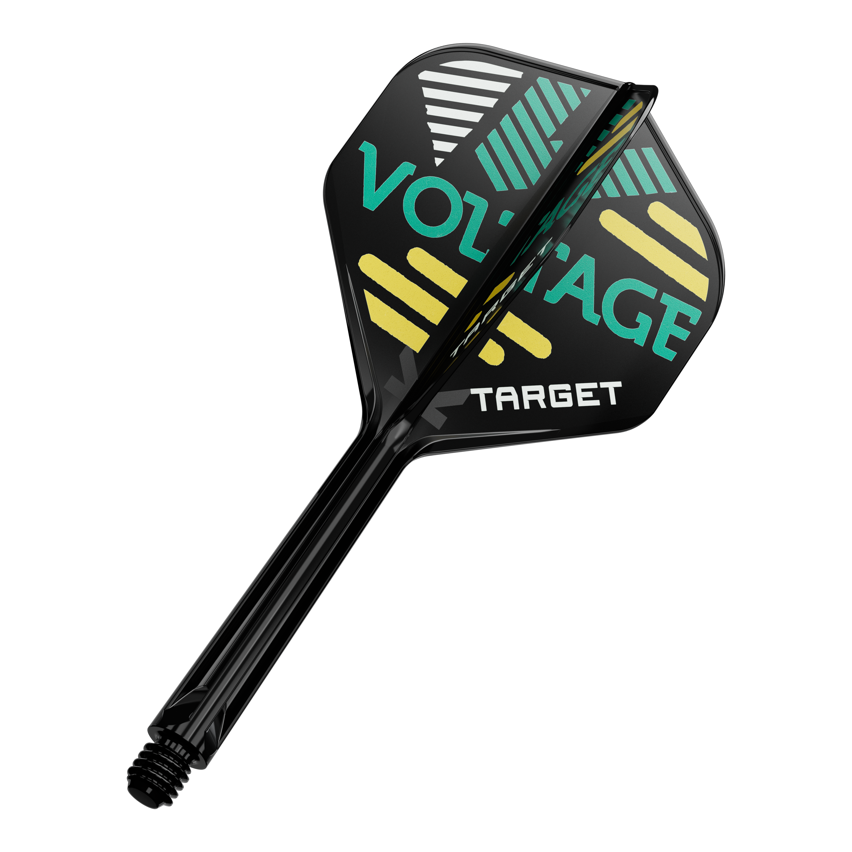 Sistema di alberi di volo standard Target K-Flex Rob Cross No2 Dieses Bild zeigt eine schwarze Dartflügel- und Schaftkombination. Auf dem Dartflügel stehen die Wörter "VOLTAGE" und "TARGET" in bunten Farben.