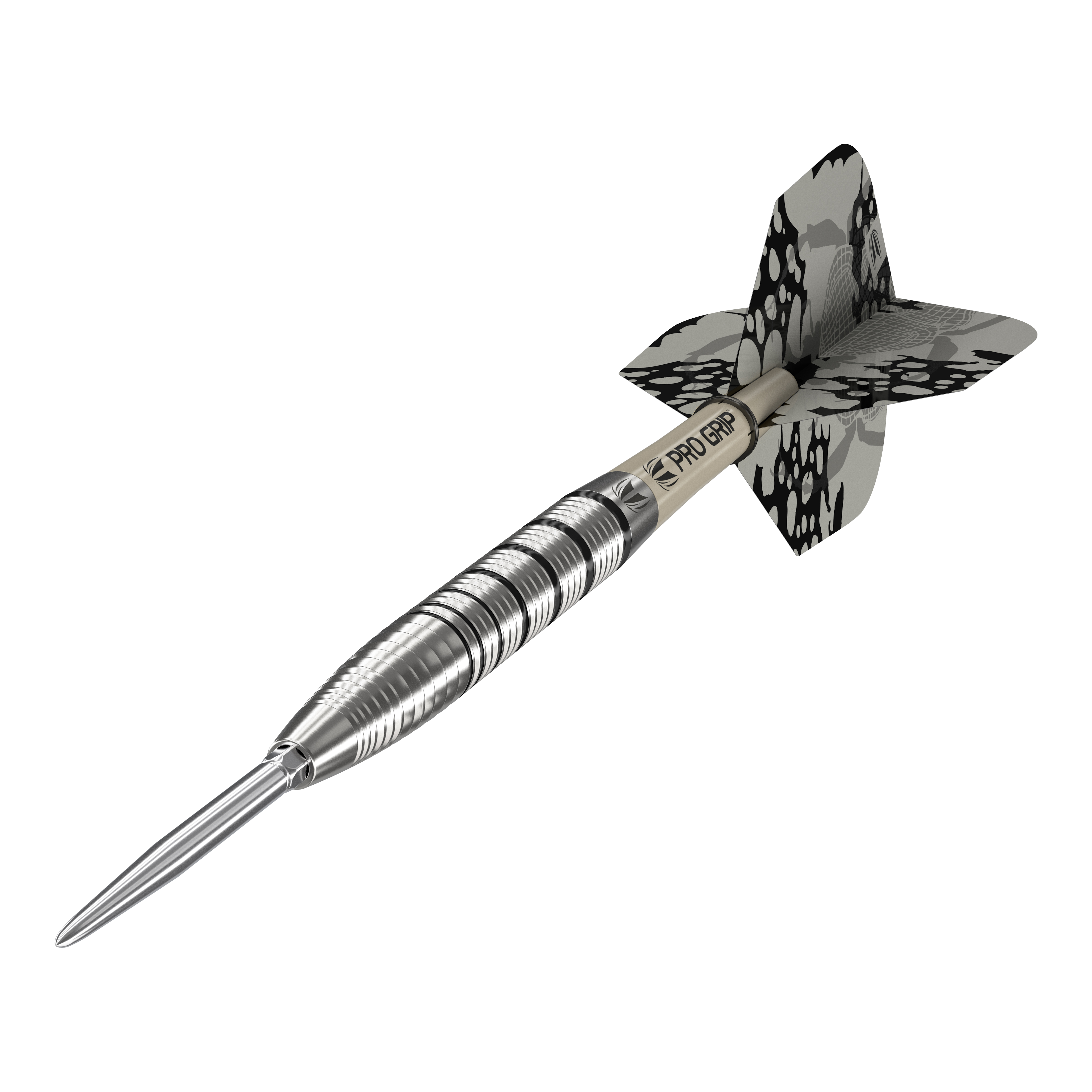 Freccette in acciaio Target EXO SP02 Swiss Point Das Bild zeigt den Target EXO SP02 Swiss Point Steeldart. Der Dart hat ein silbernes Griffstück mit schwarzen Akzenten und eine schwarz-gemusterte Flight.