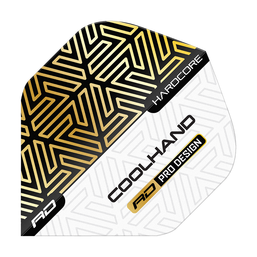 Voli standard premium Red Dragon Hardcore Luke Humphries Gold White Das Bild zeigt einen Dartflight mit gold-schwarzem und weißem geometrischen Muster. Auf dem Flight stehen die Worte "HARDCORE", "COOLHAND" und "RD PRO DESIGN".