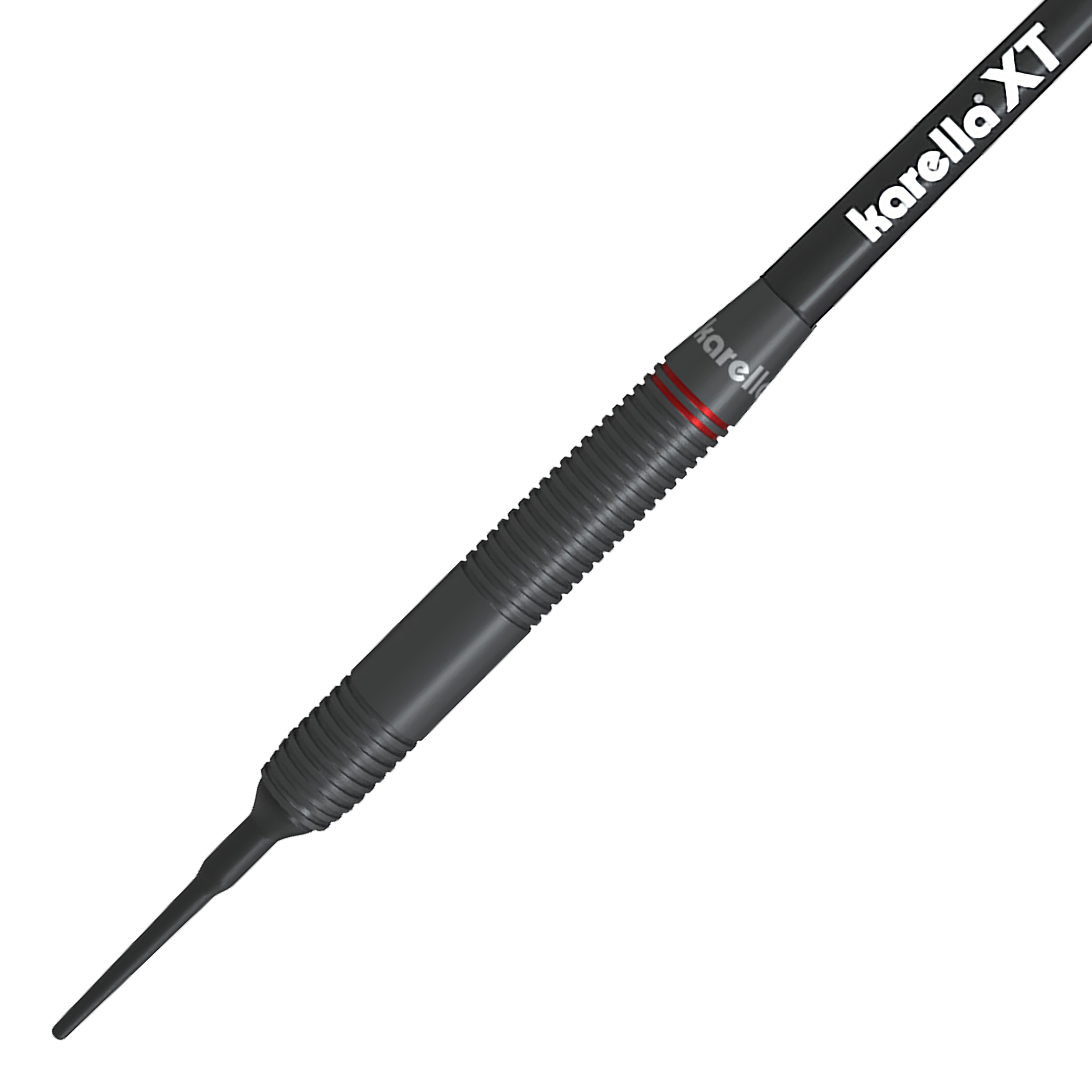 Karella Daniel Klose freccette morbide Das Bild zeigt einen Karella Daniel Klose Softdartpfeil. Der Dart ist hauptsächlich schwarz mit feinen Rillen und einem weißen "karella XT" Schriftzug.