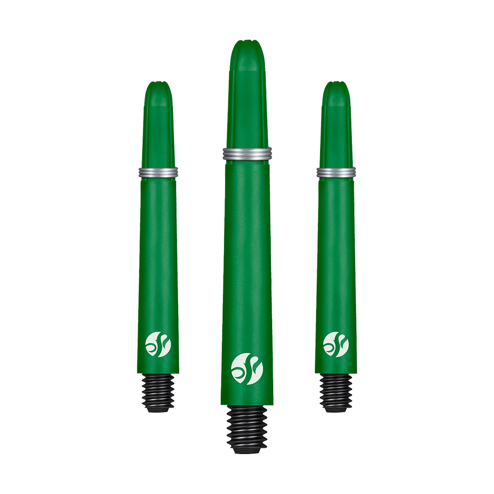 Aste Shot Koi Carbon - Verde Das Bild zeigt Dart-Schäfte mit mattem Farbton und langer Form. Die Schäfte sind in einer Verpackung angeordnet.
