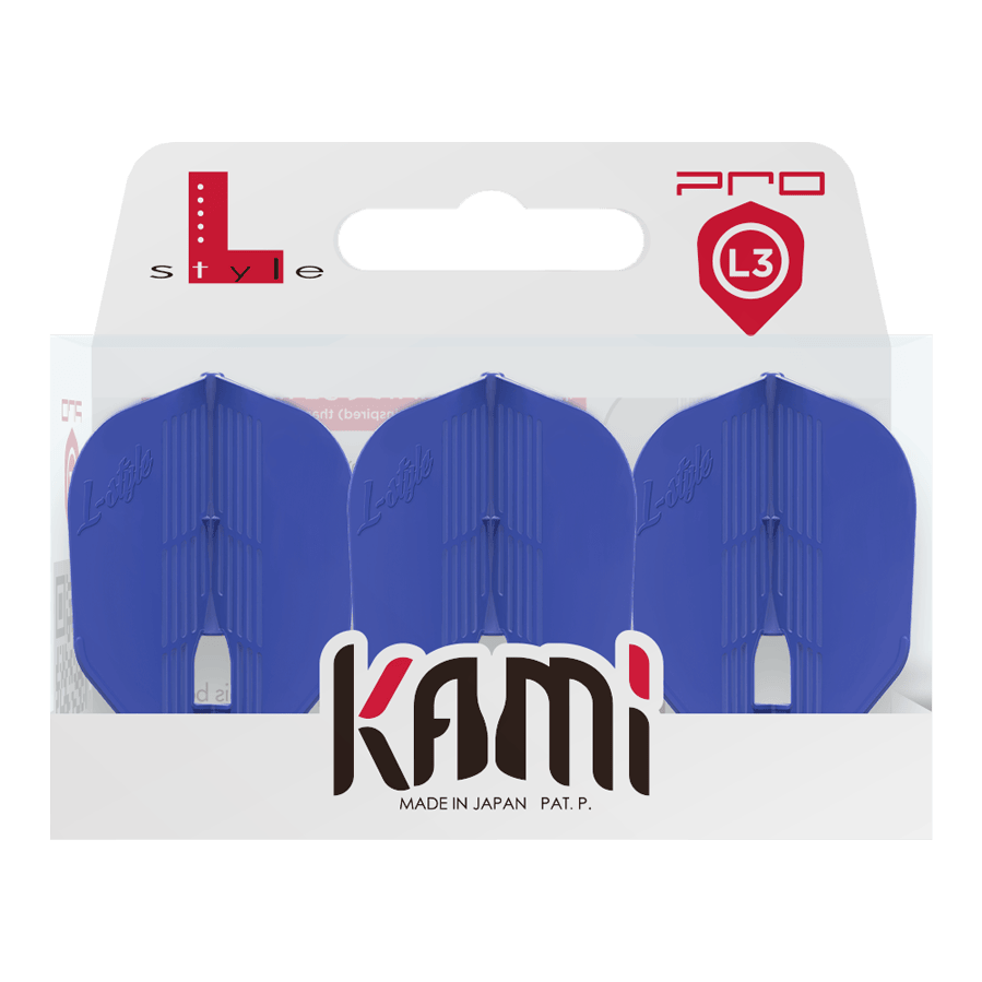 Alette L-Style KAMI L3PRO Das Bild zeigt eine Verpackung mit drei blauen Dart-Flights der Marke L-Style. Auf der Verpackung steht "kami" und "Made in Japan".