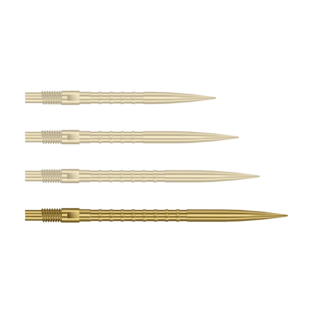 Auf dem Bild ist eine einzelne Harrows Quick Point Heavy Metal Grip Dartspitze in Gold, 40 mm, zu sehen. Die Spitze liegt im Fokus vor hellem Hintergrund.