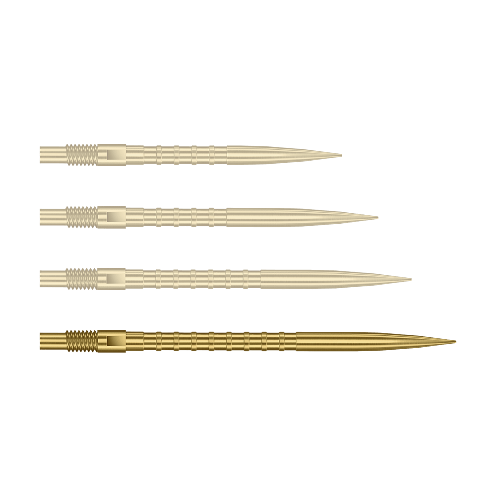 Punte per freccette Harrows Quick Point Heavy Metal - Oro Auf dem Bild ist eine einzelne Harrows Quick Point Heavy Metal Grip Dartspitze in Gold, 40 mm, zu sehen. Die Spitze liegt im Fokus vor hellem Hintergrund.
