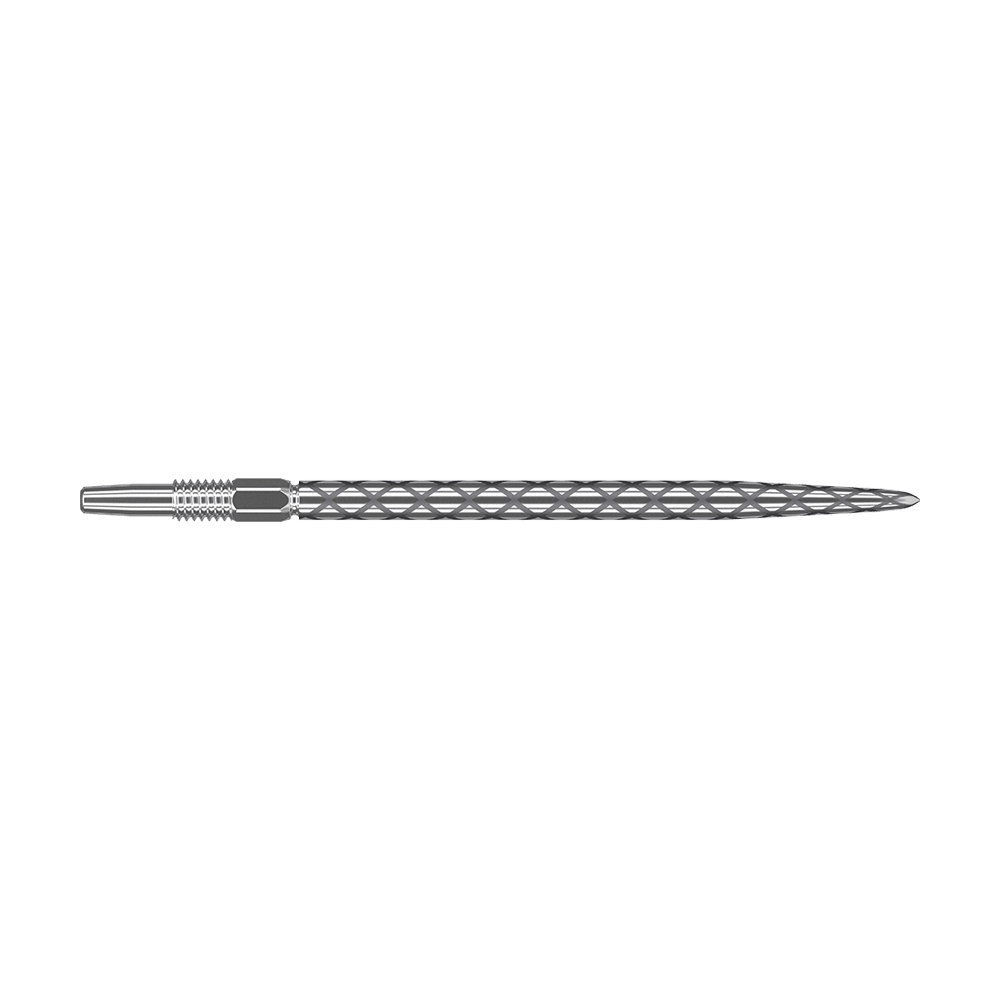 Punte per freccette Target Swiss Diamond Pro Silver Points Das Bild zeigt eine silberne Dartspitze mit einem rautenförmigen Muster auf der Oberfläche. Sie ist lang und schmal gestaltet und besitzt ein Schraubgewinde am hinteren Ende.