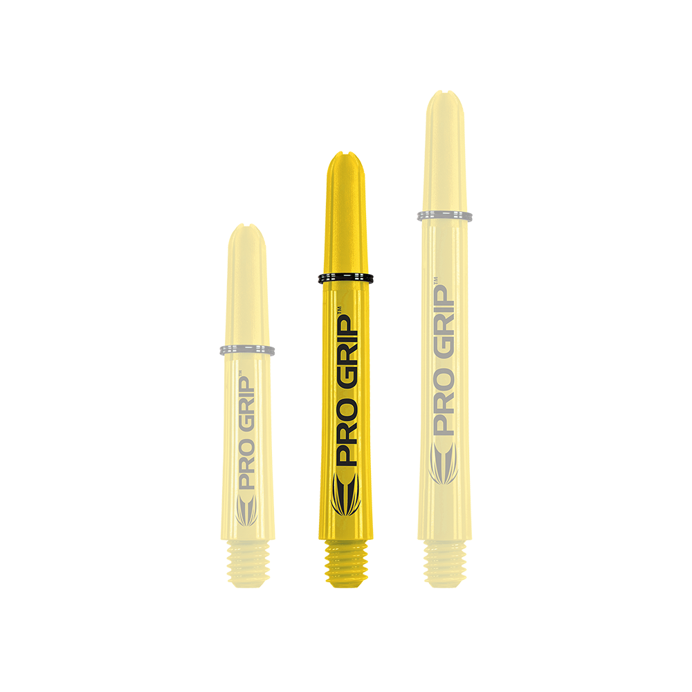 Target Pro Grip Shafts - 3 set - Giallo Auf dem Bild sind drei gelbe Dart-Schäfte der Marke "Pro Grip" in verschiedenen Längen zu sehen. Sie stehen aufrecht nebeneinander vor weißem Hintergrund.