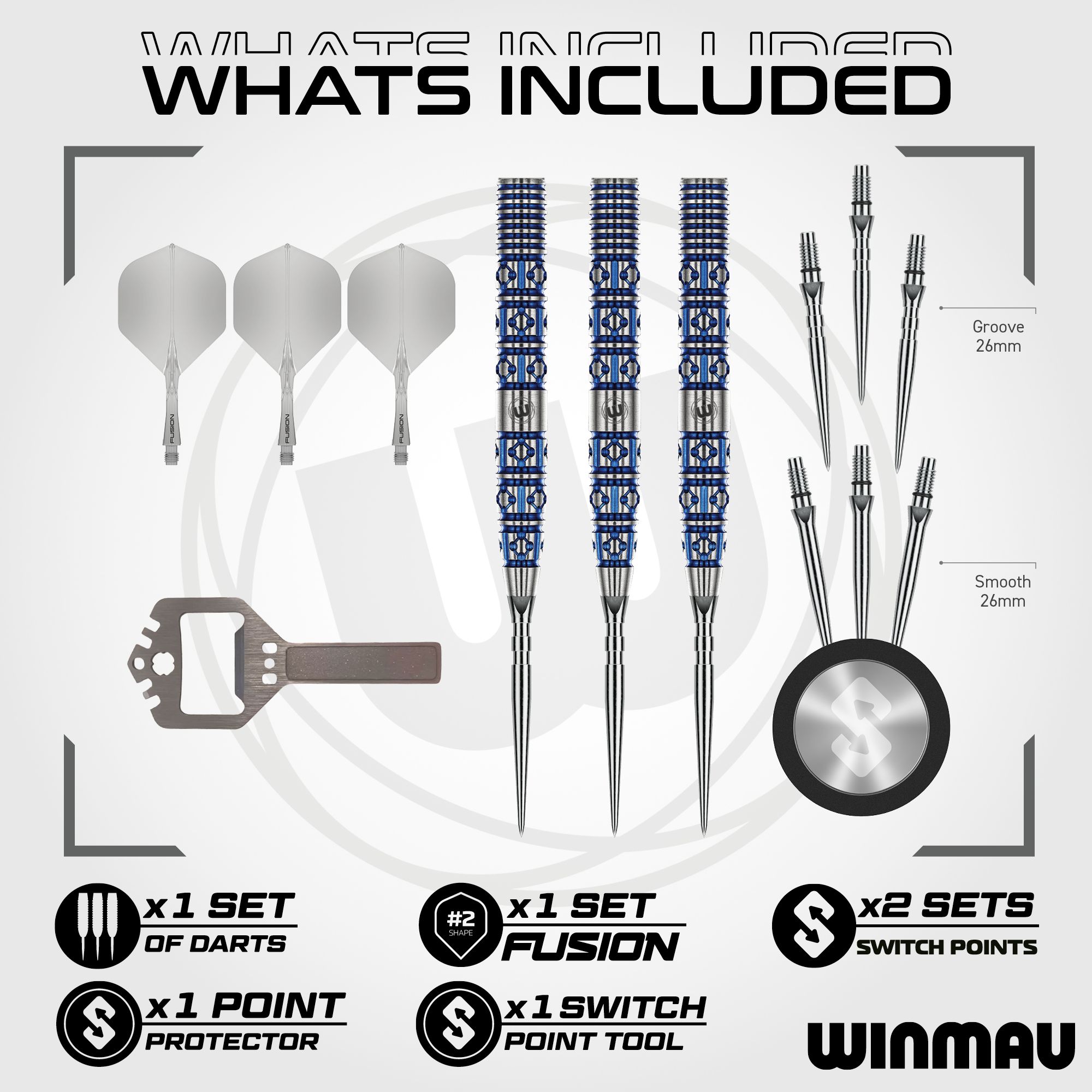 Freccette in acciaio Winmau Lunaris Tapered Switch Point Hier sind Winmau Lunaris Tapered Switch Point Steeldarts abgebildet. Die Darts besitzen eine besondere Form für präzise Würfe.
