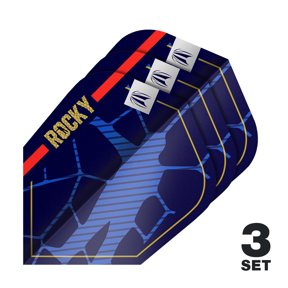 Target Pro Ultra Josh Rock GEN1 Ten-X Flights - 3 set Das Bild zeigt drei Sätze der Target Pro Ultra Josh Rock GEN1 Ten-X Flights. Die Flights sind dunkelblau mit goldenen, roten und blauen Akzenten und dem Schriftzug "ROCKY".