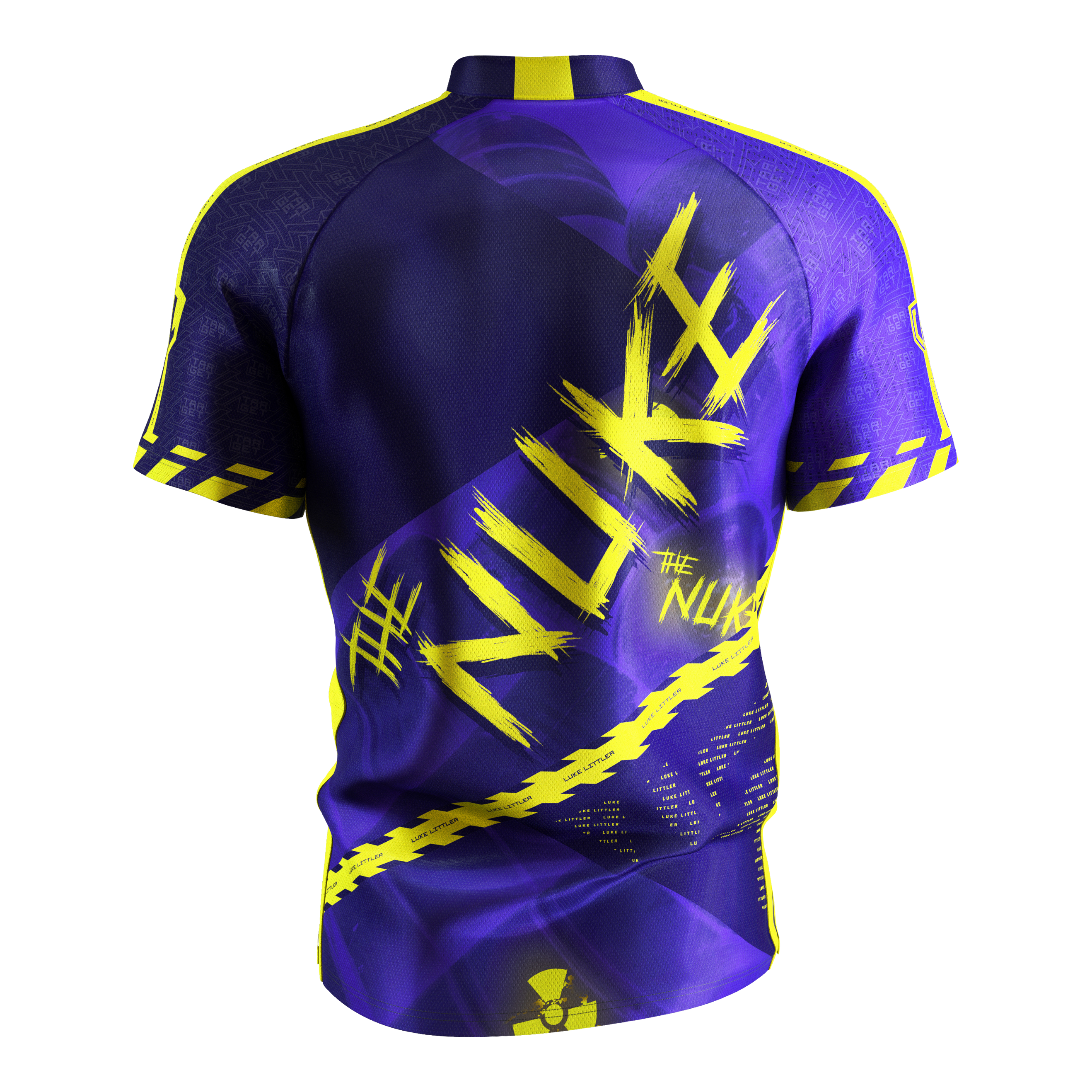 Maglietta da freccette Target Coolplay Luke Littler 2025 Das Bild zeigt das „Target Coolplay Luke Littler 2025 Dartshirt“ von hinten. Das Shirt ist überwiegend lila mit auffälligen gelben Designs und dem Schriftzug „NUKE“ auf dem Rücken.