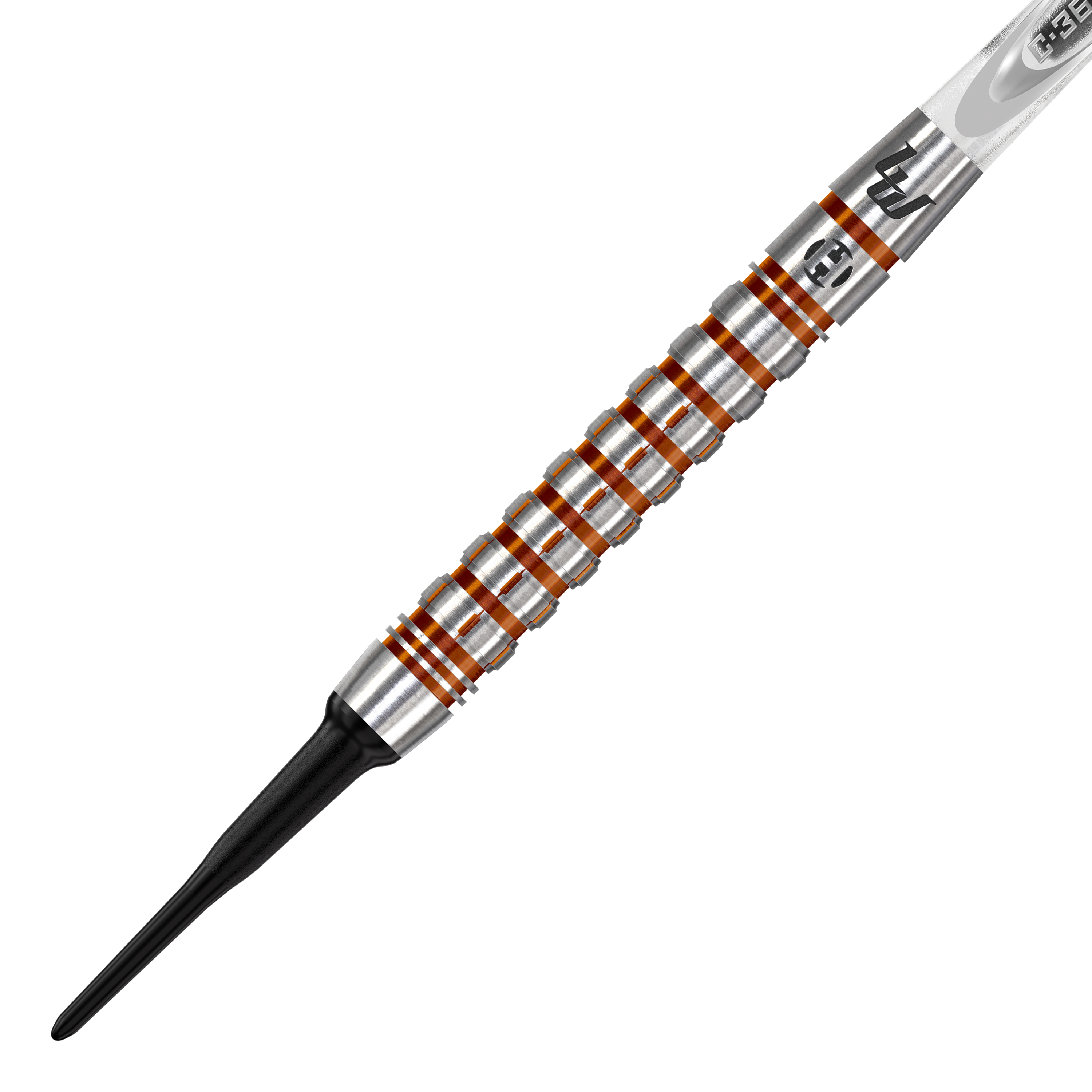Freccette morbide Luke Woodhouse Series 2 di Harrow - 18 g Das Bild zeigt einen Harrows Luke Woodhouse Series 2 Softdart mit einem Gewicht von 18g. Der Dart hat einen silbernen Griff mit auffälligen orangefarbenen Ringen und einer schwarzen Kunststoffspitze.