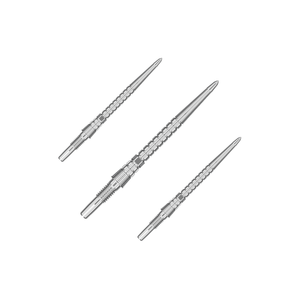 Punte per freccette Target Chrono Swiss Storm Point - Argento Mehrere silberne Dartspitzen bilden ein Set. Sie sind gerade nebeneinander platziert.