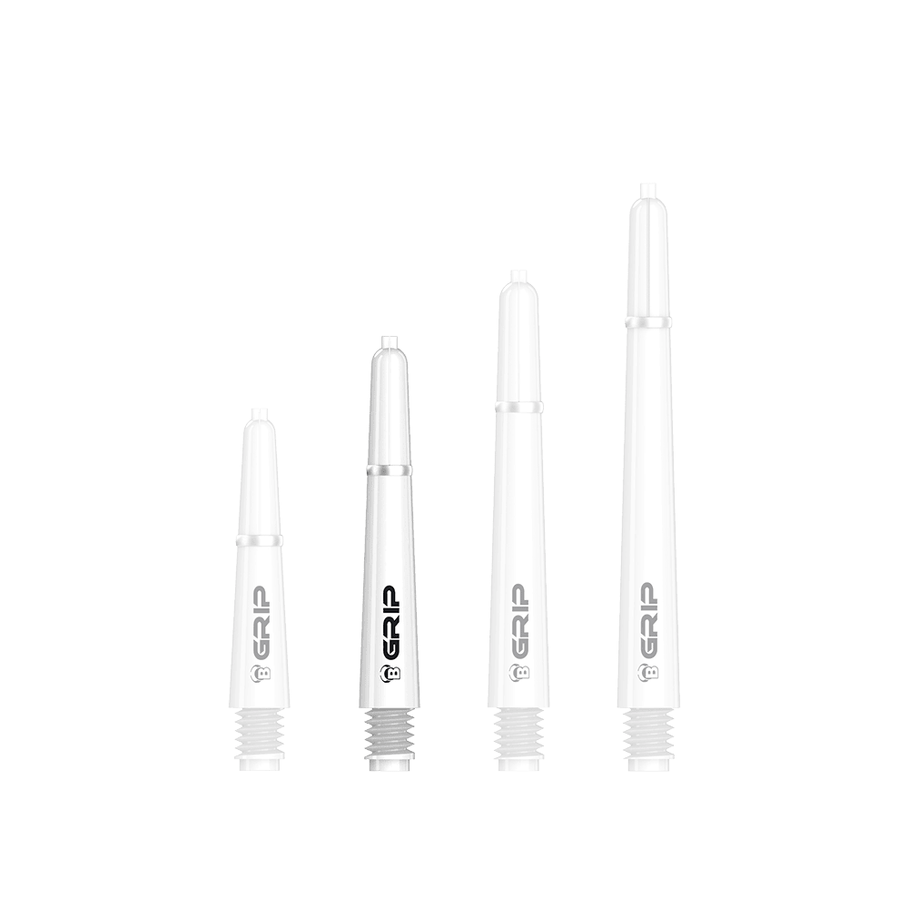Das Bild zeigt vier weiße Bulls B-Grip-2 SL Shafts in unterschiedlichen Längen. Die Shafts sind mit dem schwarzen Schriftzug "GRIP" bedruckt.