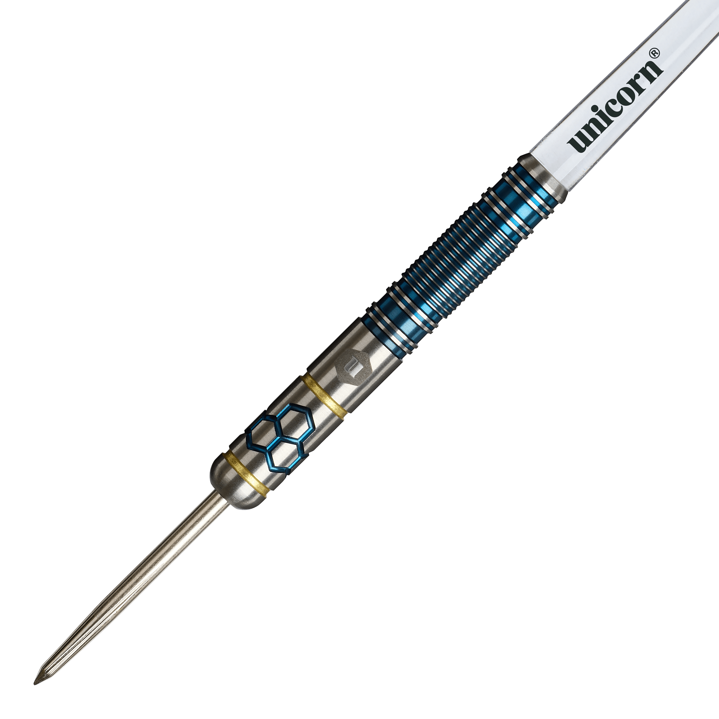 Freccette in acciaio Unicorn Hexium Style 02 blu e oro Hier sind die Unicorn Hexium Style 02 Blue & Gold Steeldarts zu sehen. Das Produkt überzeugt durch sein modernes Design.