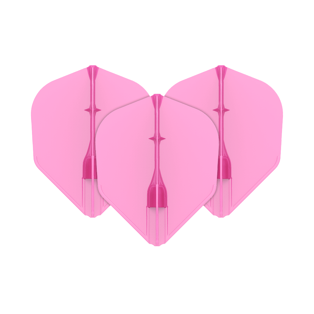 Voli L-L-Style3EZ Das Bild zeigt drei pinke Dartflights, die nebeneinander angeordnet sind. Sie haben eine standardisierte, rautenähnliche Form und sind einheitlich gefärbt.