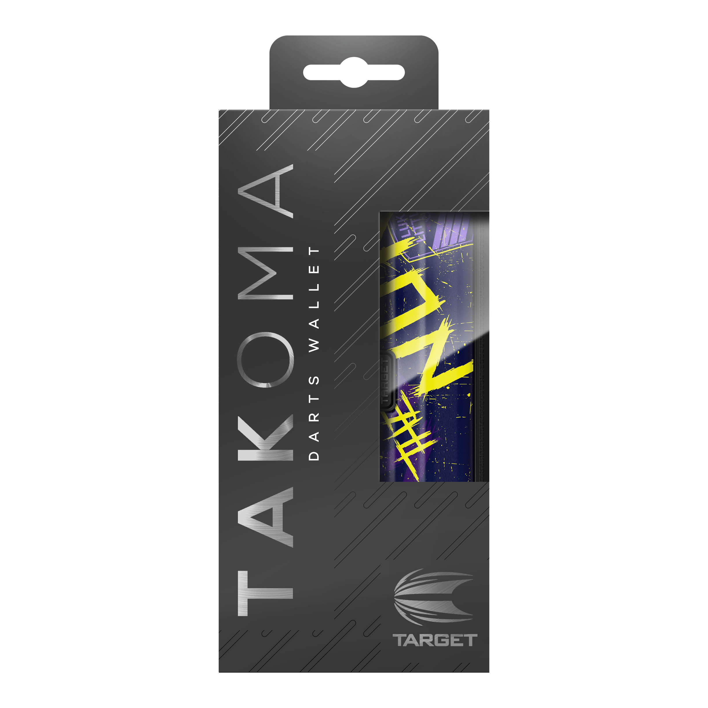 Custodia per freccette Target Takoma Luke Littler Die Abbildung zeigt die Verpackung des "Target Takoma Luke Littler Dartcase". Die Schachtel ist überwiegend schwarz mit silberner Schrift und einem Sichtfenster, das einen Teil des Dartcase-Designs zeigt.