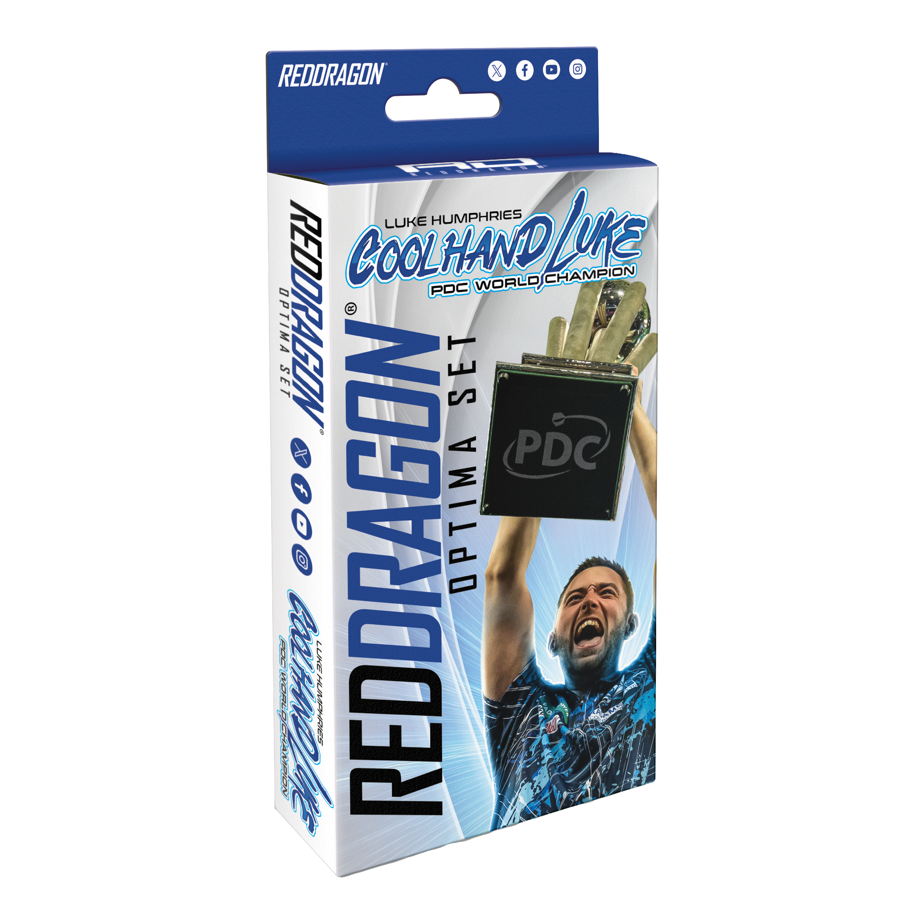 Pacchetto accessori Optima di Luke Humphries del Red Dragon Die Verpackung zeigt das Produkt "Red Dragon Luke Humphries Optima Zubehör Pack". Auf der Vorderseite ist ein jubelnder Luke Humphries und ein Pokal abgebildet.