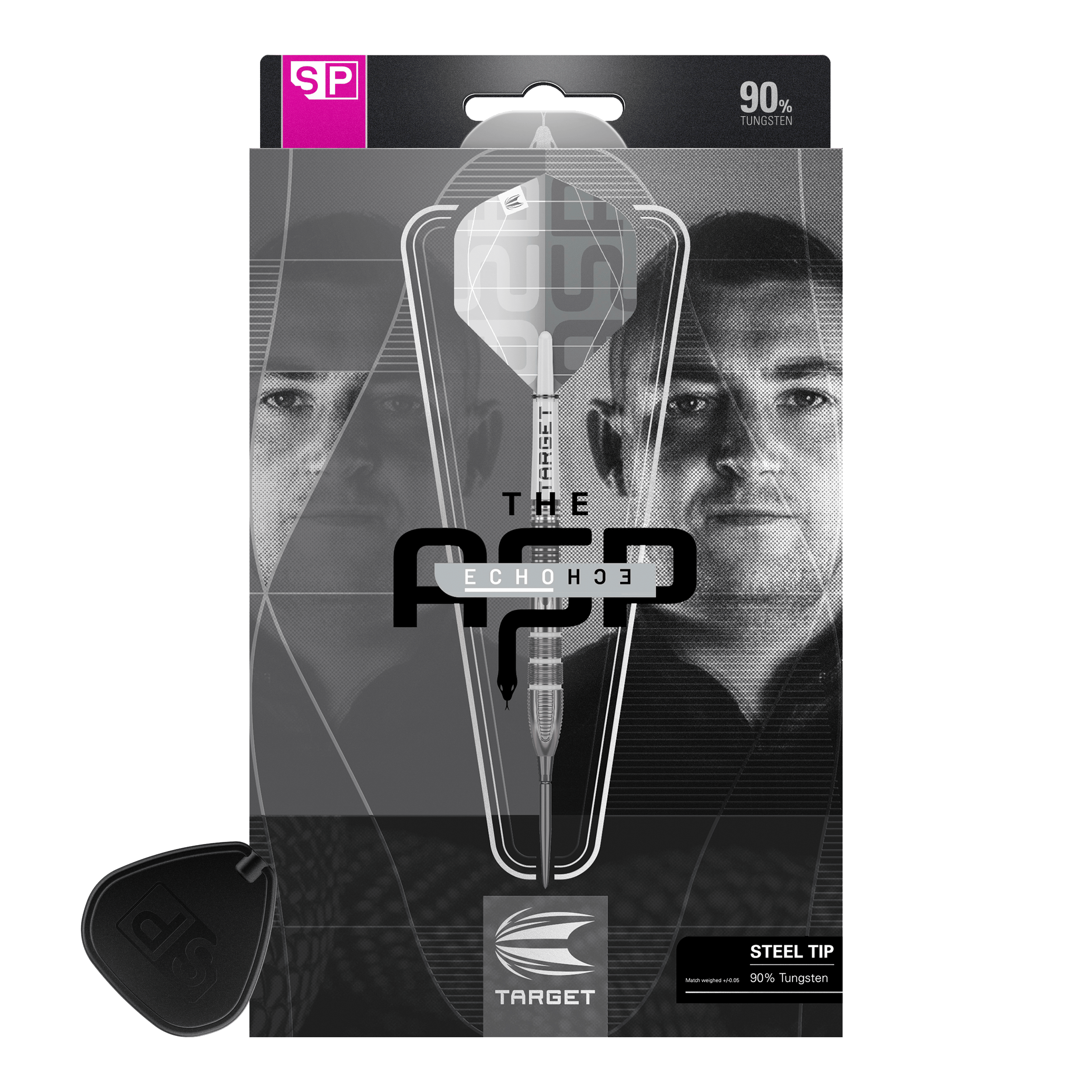 Freccette in acciaio Target Nathan Aspinall X Echo Swiss Point Die Verpackung zeigt die Target Nathan Aspinall X Echo Swiss Point Steeldarts. Auf der Vorderseite sind ein Dartpfeil und das Porträt eines Mannes zu sehen.