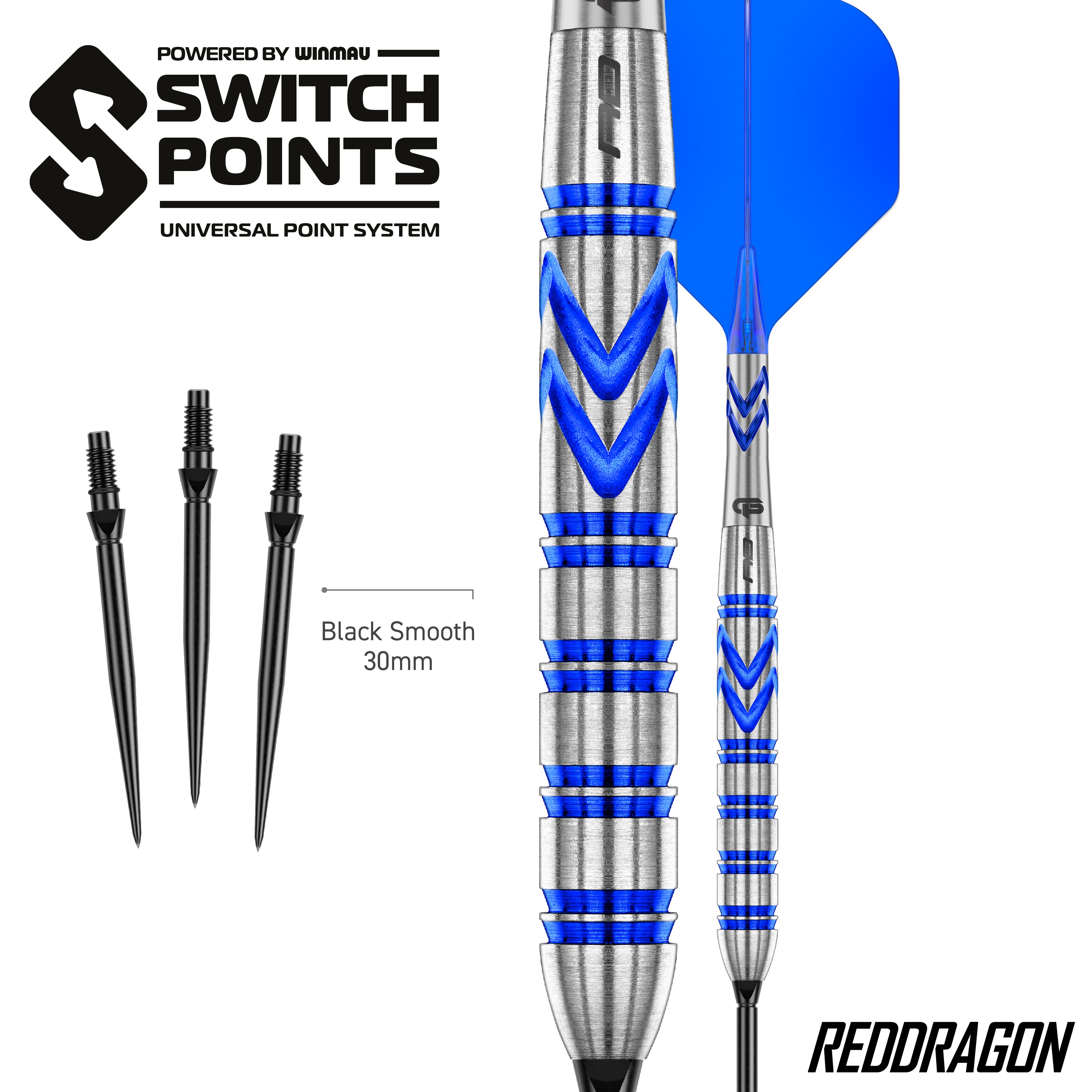 Dardi d'acciaio originali Switch Point di Gerwyn Price, Red Dragon Rosso Die Red Dragon Gerwyn Price Blue Original Switch Point Steeldarts werden präsentiert. Sie zeichnen sich durch ihr markantes blaues Design aus.
