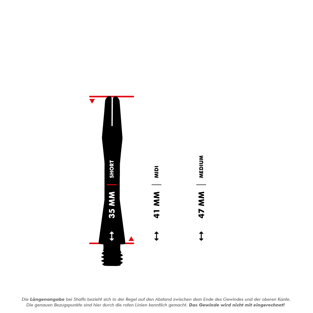 HR366_Harrows_Keramic_Shafts_5_35mm87YK1ve7QrOo3 Das Bild zeigt drei verschiedene Längen der Harrows Keramic Shafts - White: 35 mm (Short), 41 mm (Midi) und 47 mm (Medium). Die Längenangaben beziehen sich auf den Abstand zwischen dem Ende des Gewindes und der oberen Kante.