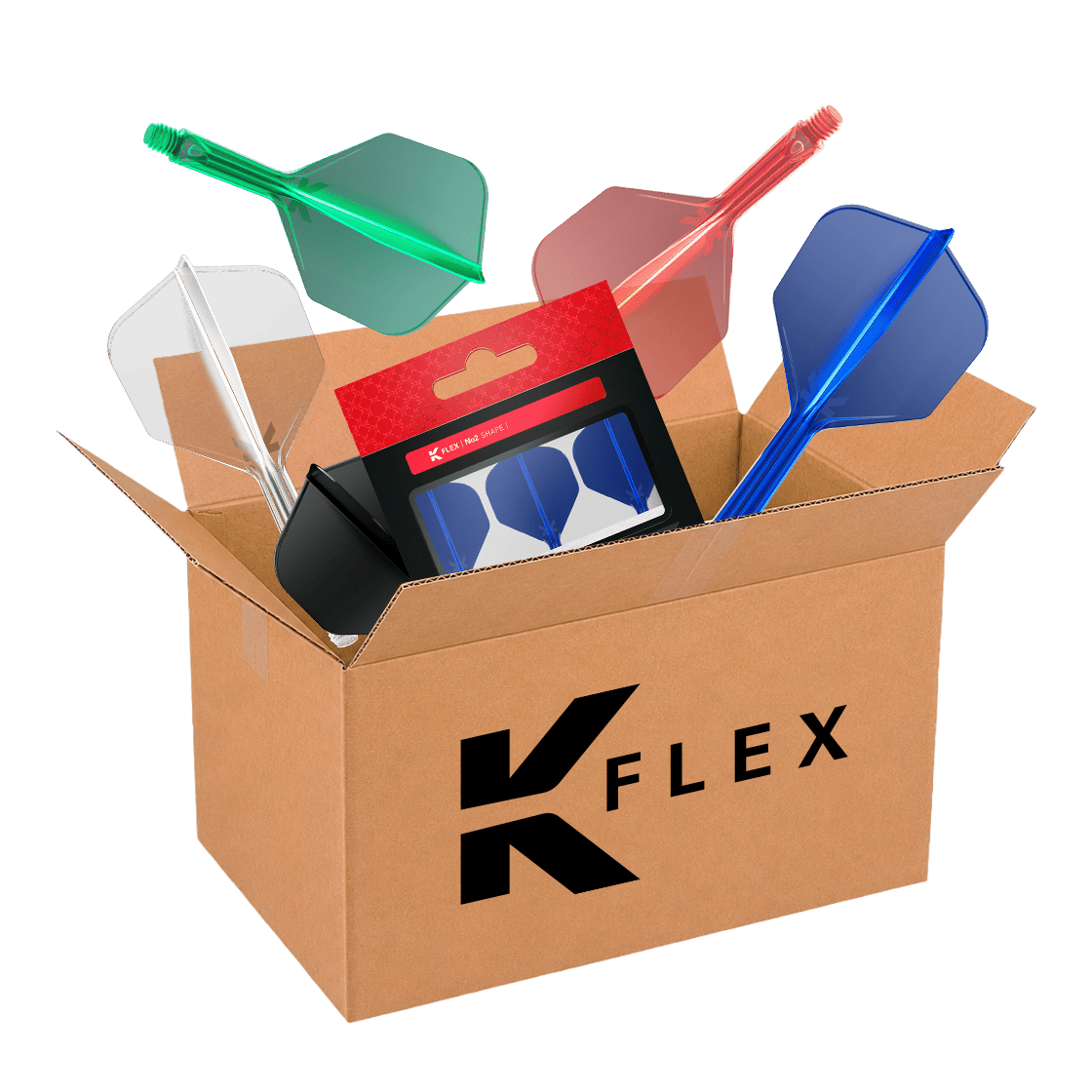 Scatola misteriosa McDart - K-Flex Auf dem Bild ist die McDart Mystery-Box mit K-Flex-Zubehör zu sehen. Die Mystery-Box enthält verschiedene Überraschungsartikel für Dartspieler.