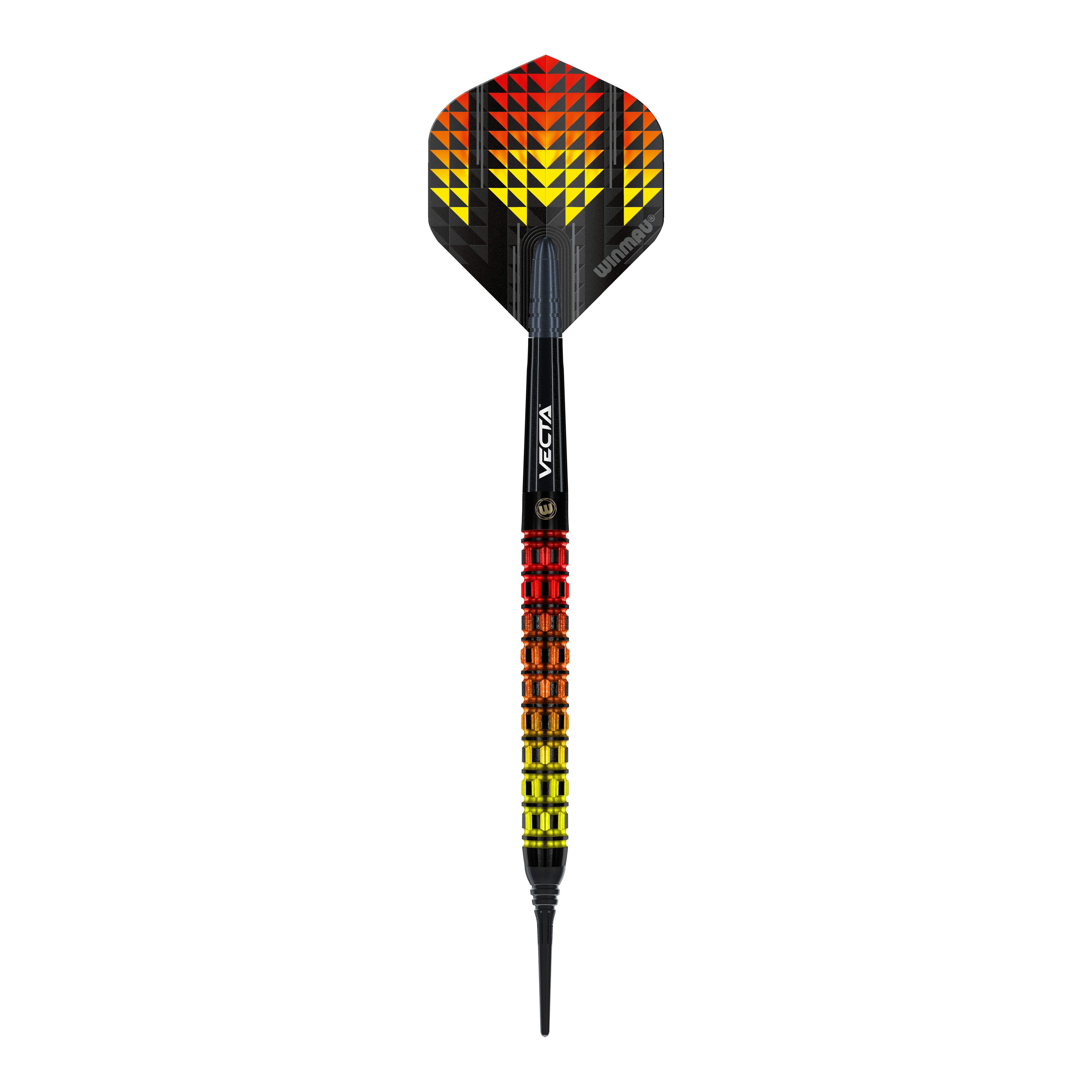 Freccette morbide parallele Winmau Firestorm Flame - 20 g Das Bild zeigt einen Winmau Firestorm Flame Parallel Softdart mit einem Gewicht von 20g. Der Dart hat ein auffälliges Design mit gelben, orangefarbenen und roten Flammenmustern.