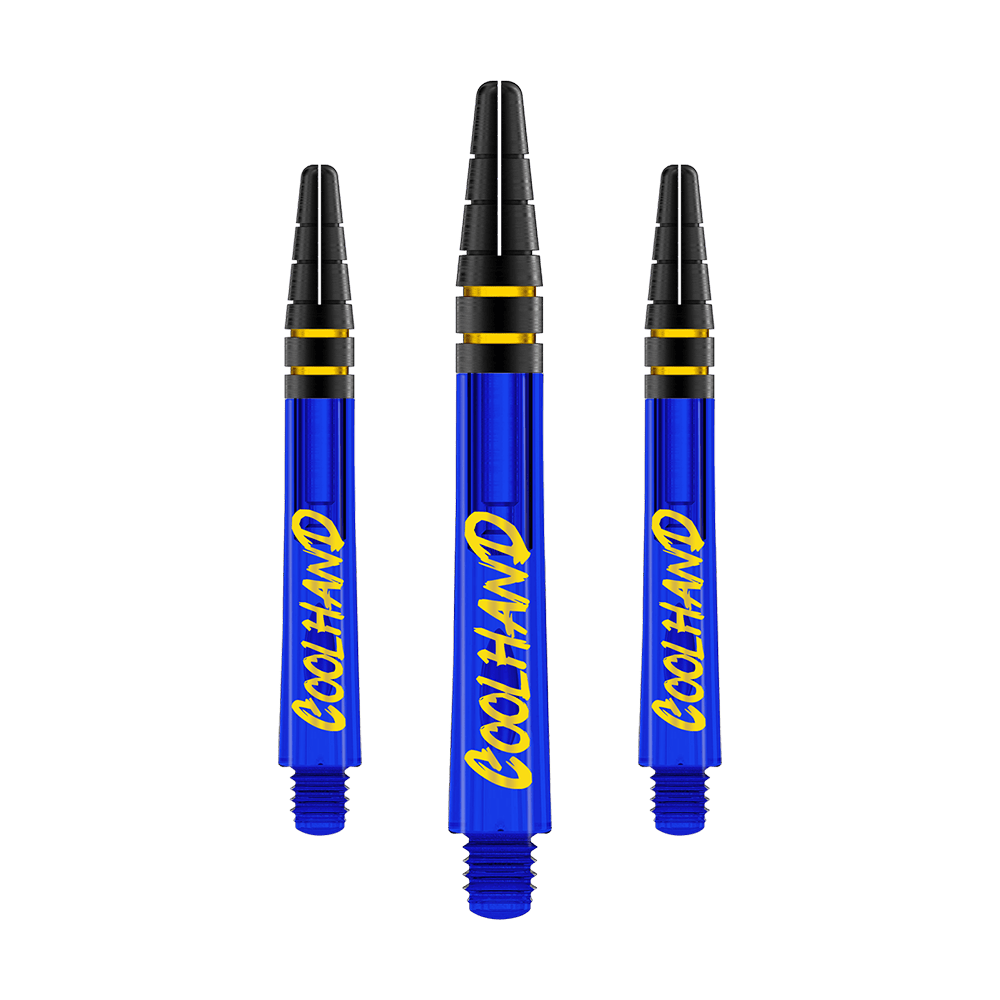 Alberi Red Dragon Nitrotech Luke Humphries Coolhand - Blu Das Bild zeigt drei blaue Dartschäfte mit der gelben Aufschrift "COOLHAND". Die Schäfte haben schwarze und goldene Ringe am oberen Ende.