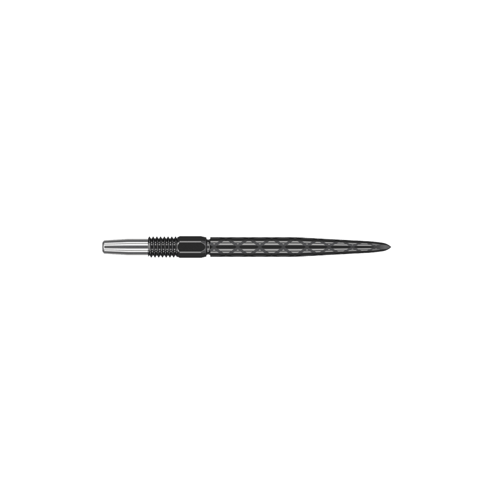 Punte per freccette Target Swiss Diamond Pro Black Points Dies ist eine schwarze Dartspitze mit einem diamantförmigen Muster. Sie ist vorne spitz zulaufend und hat eine silberne Befestigung am hinteren Ende.