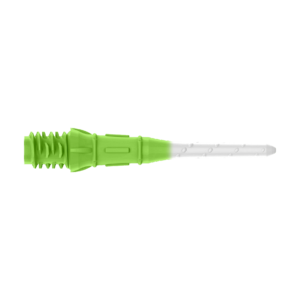 L-Style Premium Two Tone Lippoints (confezione da 30) Das Bild zeigt eine zweifarbige Dartspitze, die grün und weiß ist. Der hintere Teil ist grün und der vordere Teil ist weiß.