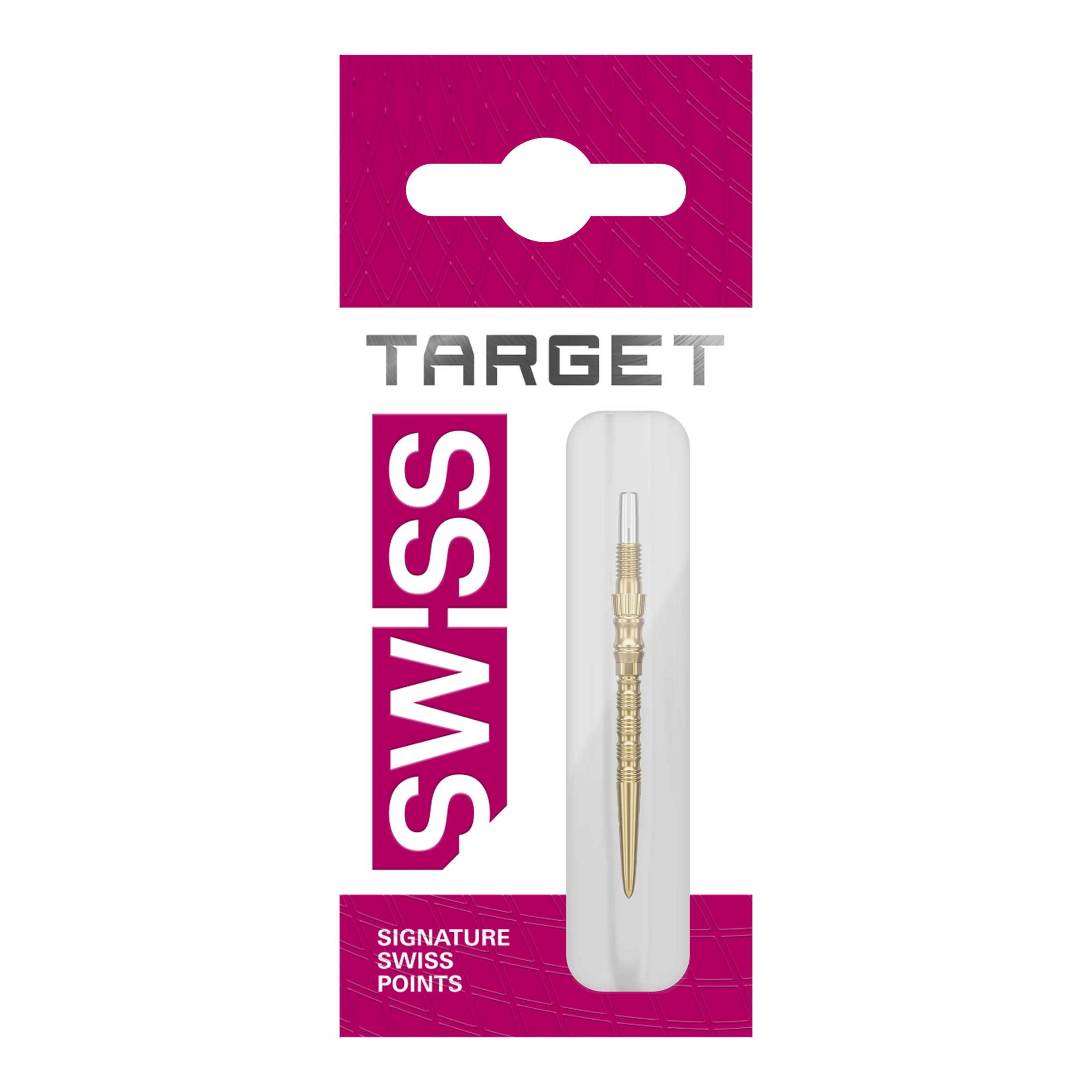 Punte per freccette Target Signature Swiss Point TRB in acciaio - oro Drei goldene Target SwissPoint Signature TRB Dartspitzen mit 30mm Länge werden dargestellt. Die Spitzen liegen nebeneinander.