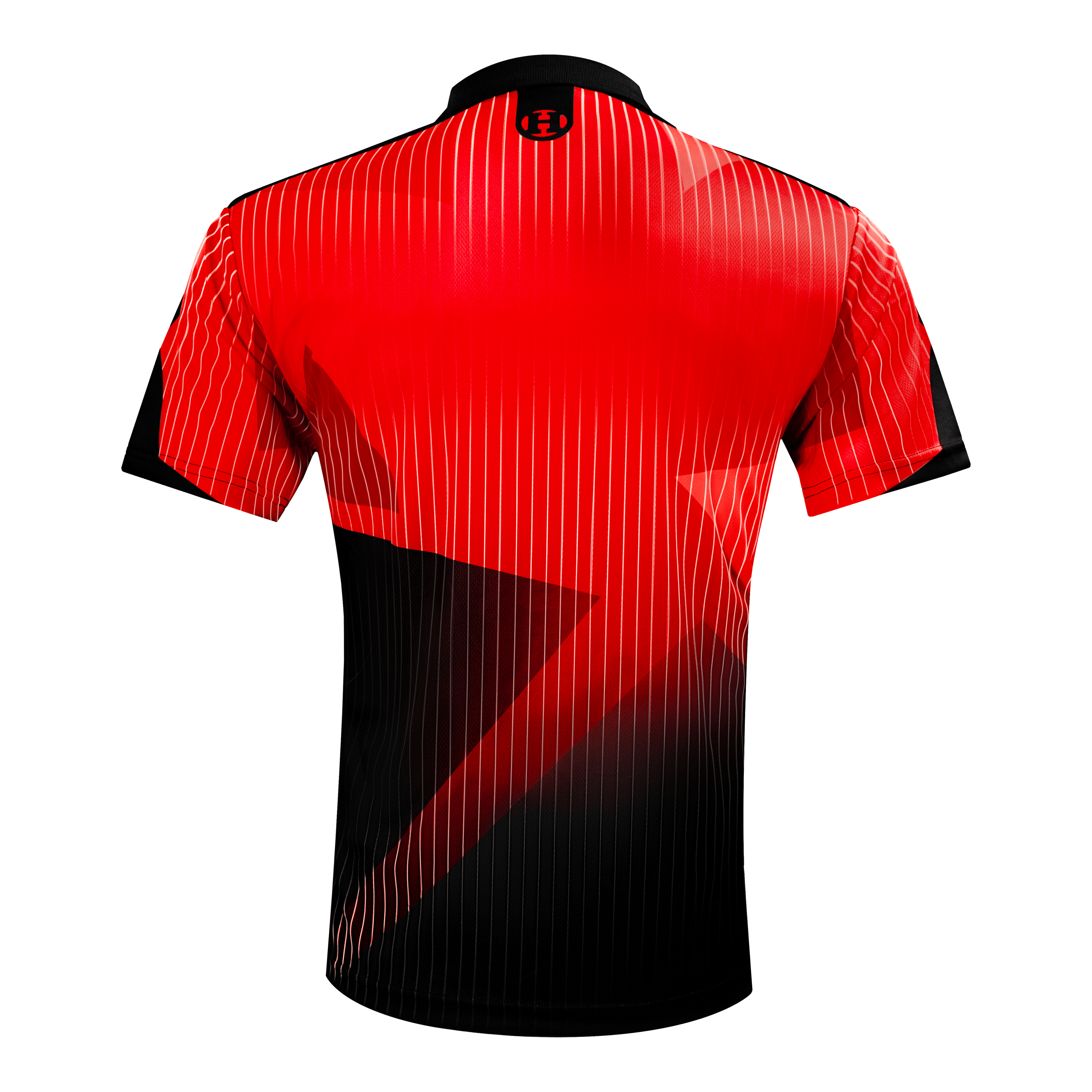 Harrows Shard Dartshirt - Rot Das Bild zeigt das Harrows Shard Dartshirt in Rot von hinten. Das Shirt hat ein auffälliges rotes und schwarzes Design mit feinen weißen Linien.