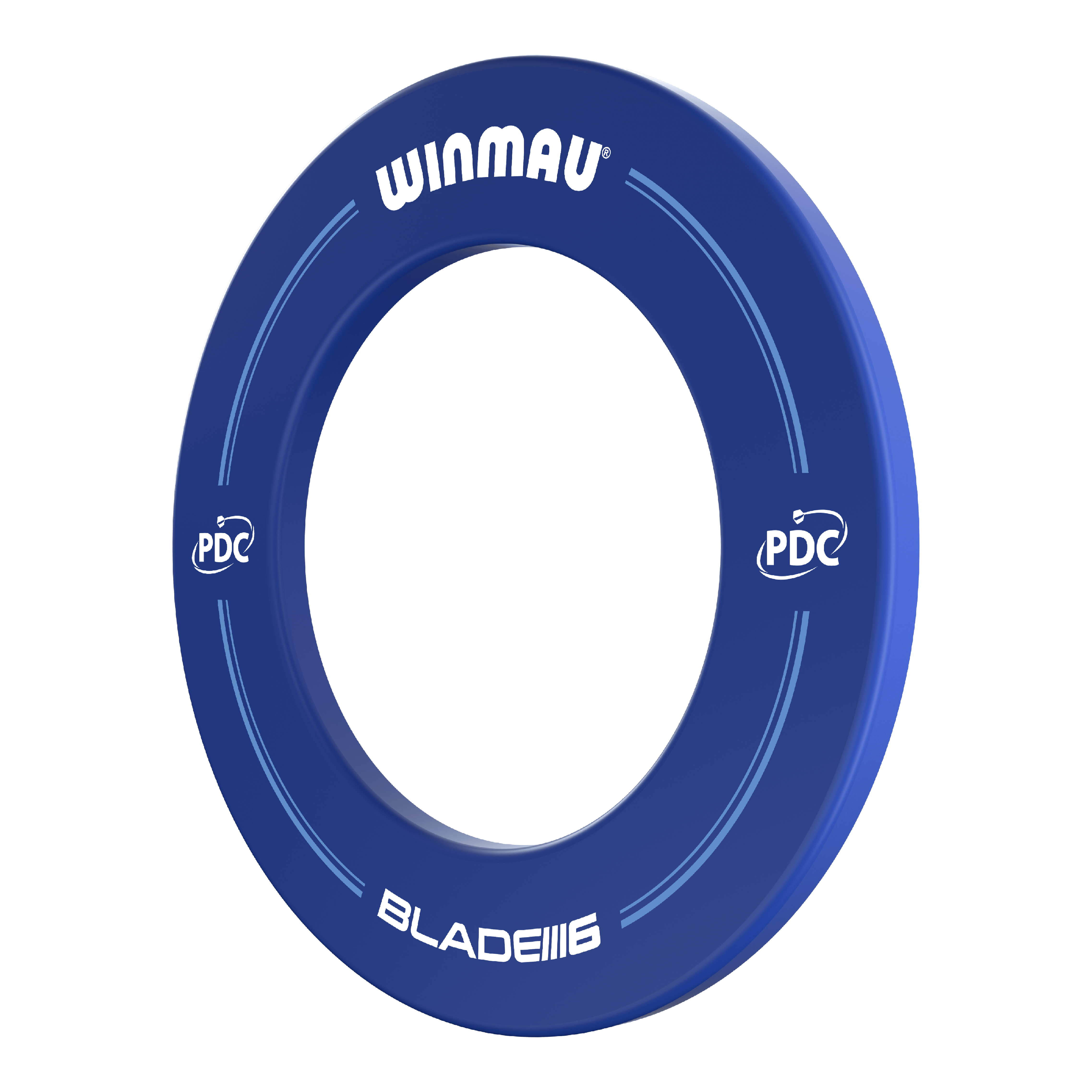 Winmau PDC Dartboard Surround - Blu Das Bild zeigt einen blauen Dartboard-Surround der Marke Winmau mit der Aufschrift "PDC" und "Blade 6". Er schützt die Wand rund um die Dartscheibe vor Treffern.