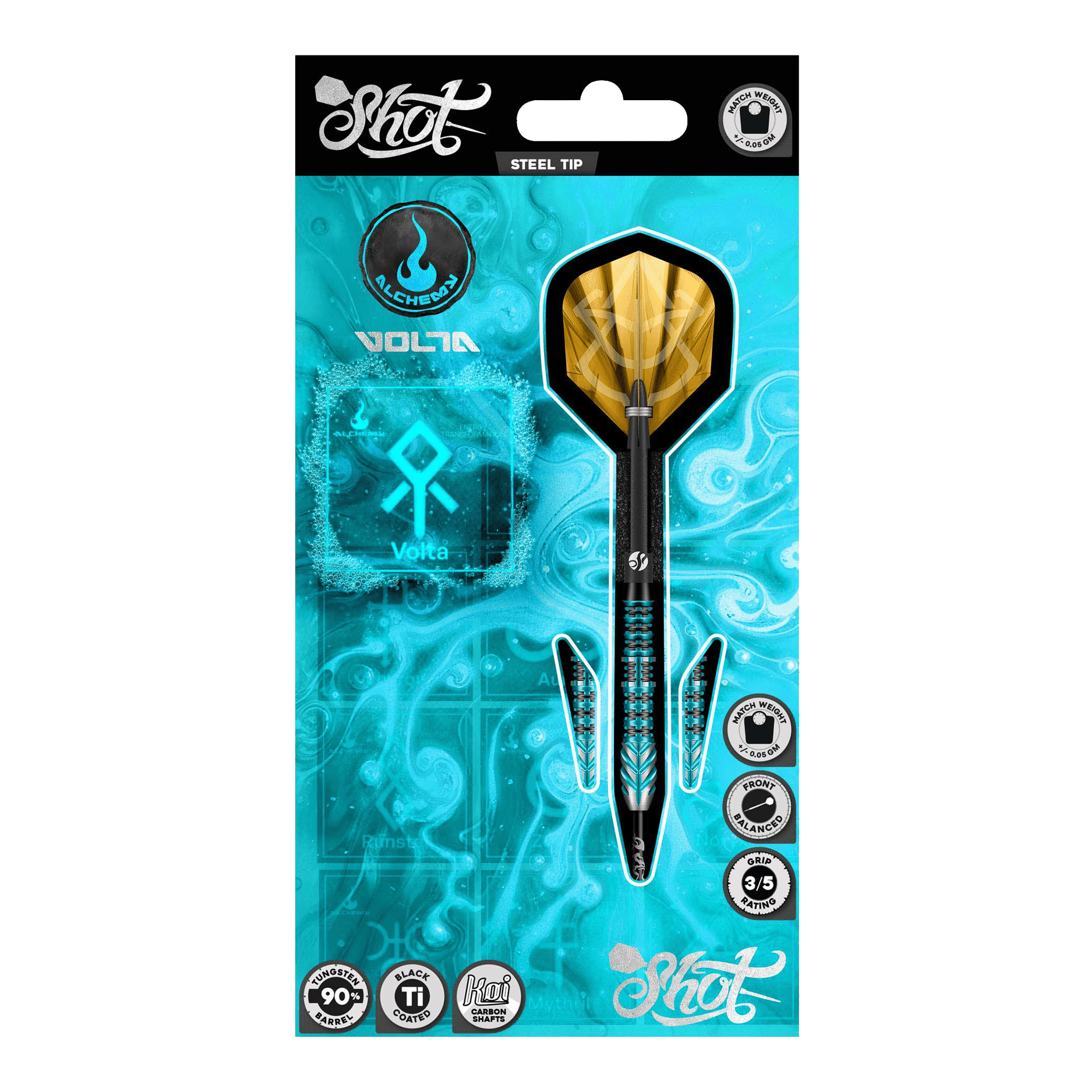 Freccette in acciaio Shot Alchemy Volta Gezeigt werden die Shot Alchemy Volta Steeldarts. Das Produkt ist zum Spielen auf Steeldart-Scheiben geeignet.