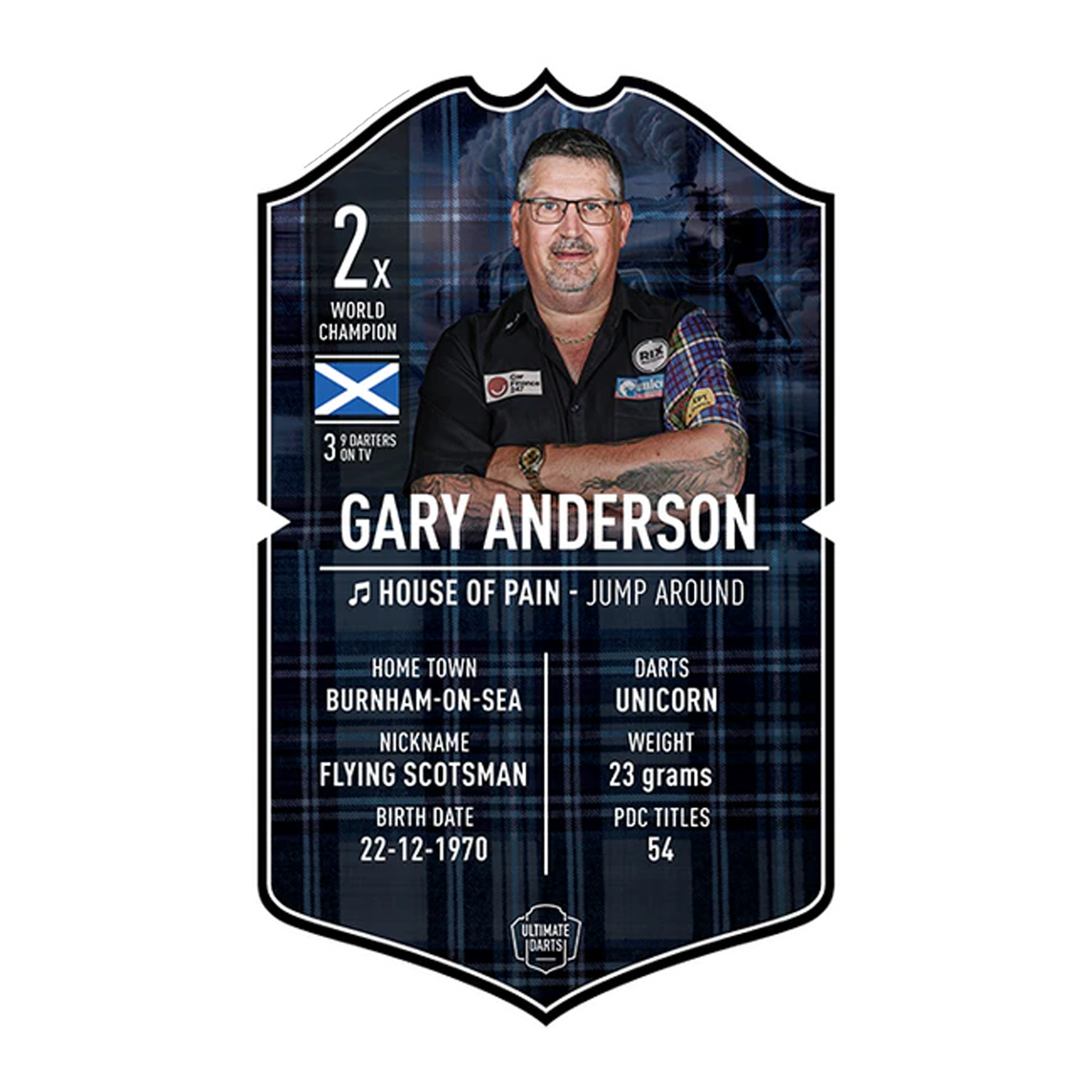 Carta da freccette definitiva - Gary Anderson Ultimate Darts Card - Gary Anderson ist abgebildet. Die Karte zeigt ein Produkt für Dart-Fans.
