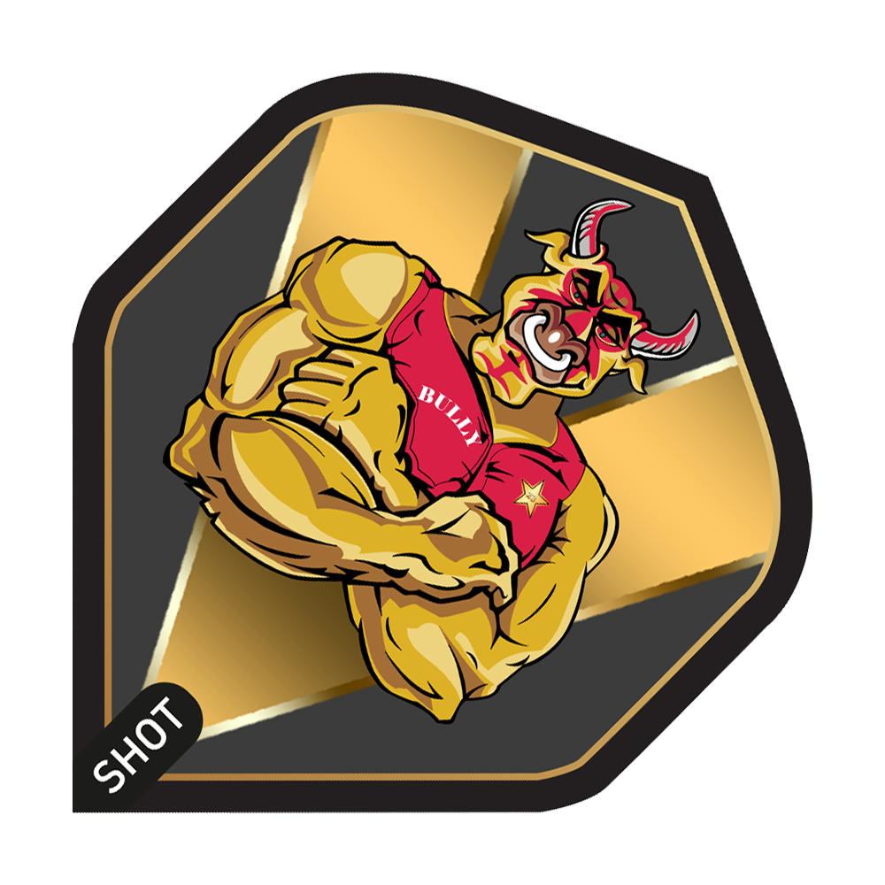 Colpo di Michael Smith Bully Boy Gold Standard Flights Das Bild zeigt ein Dartflight-Design mit einem muskulösen Stier im roten Trikot, auf dem "BULLY" steht. Im Hintergrund sind goldene und schwarze Farbakzente sowie das Logo "SHOT" zu sehen.