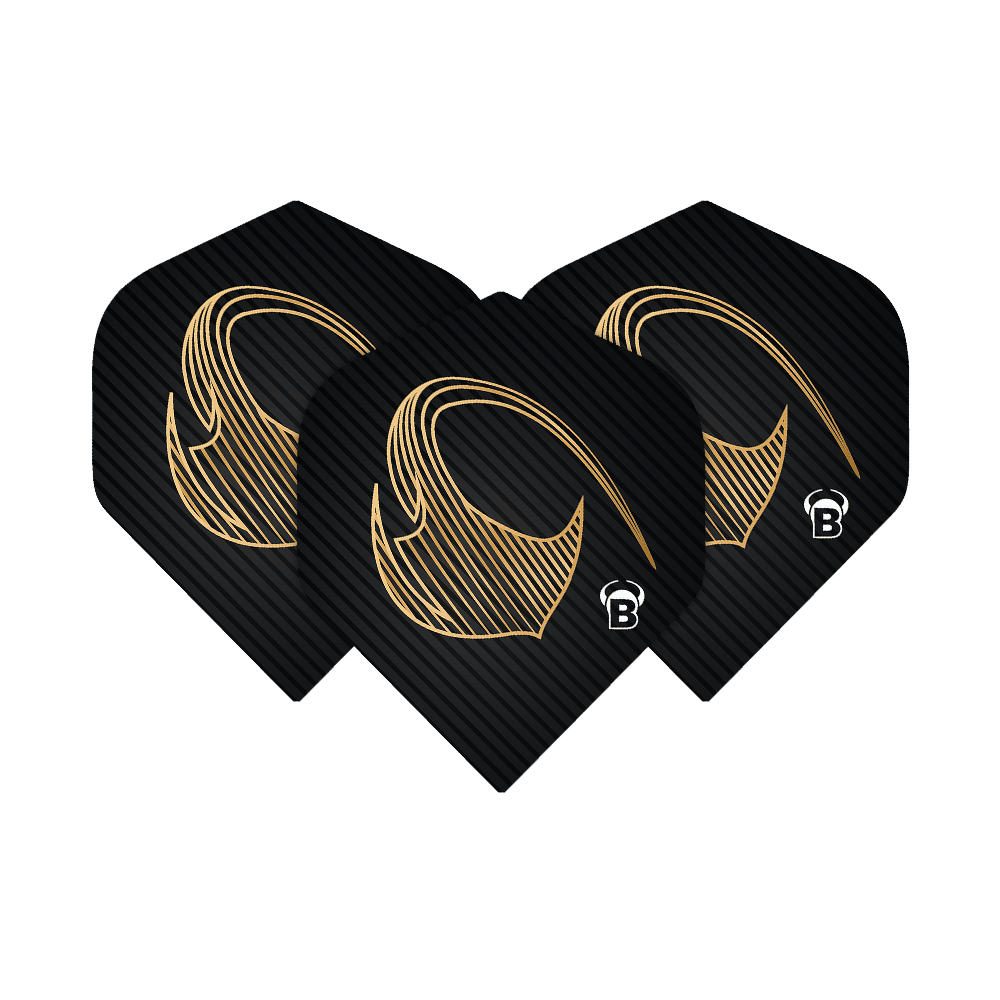 Bulls Metrixx Stingray No2 Voli Standard Das Bild zeigt drei schwarze Dart-Flights mit einem goldenen Muster und dem Buchstaben "B" in der Ecke. Es handelt sich um die Bulls Metrixx Stingray No2 Standard Flights.