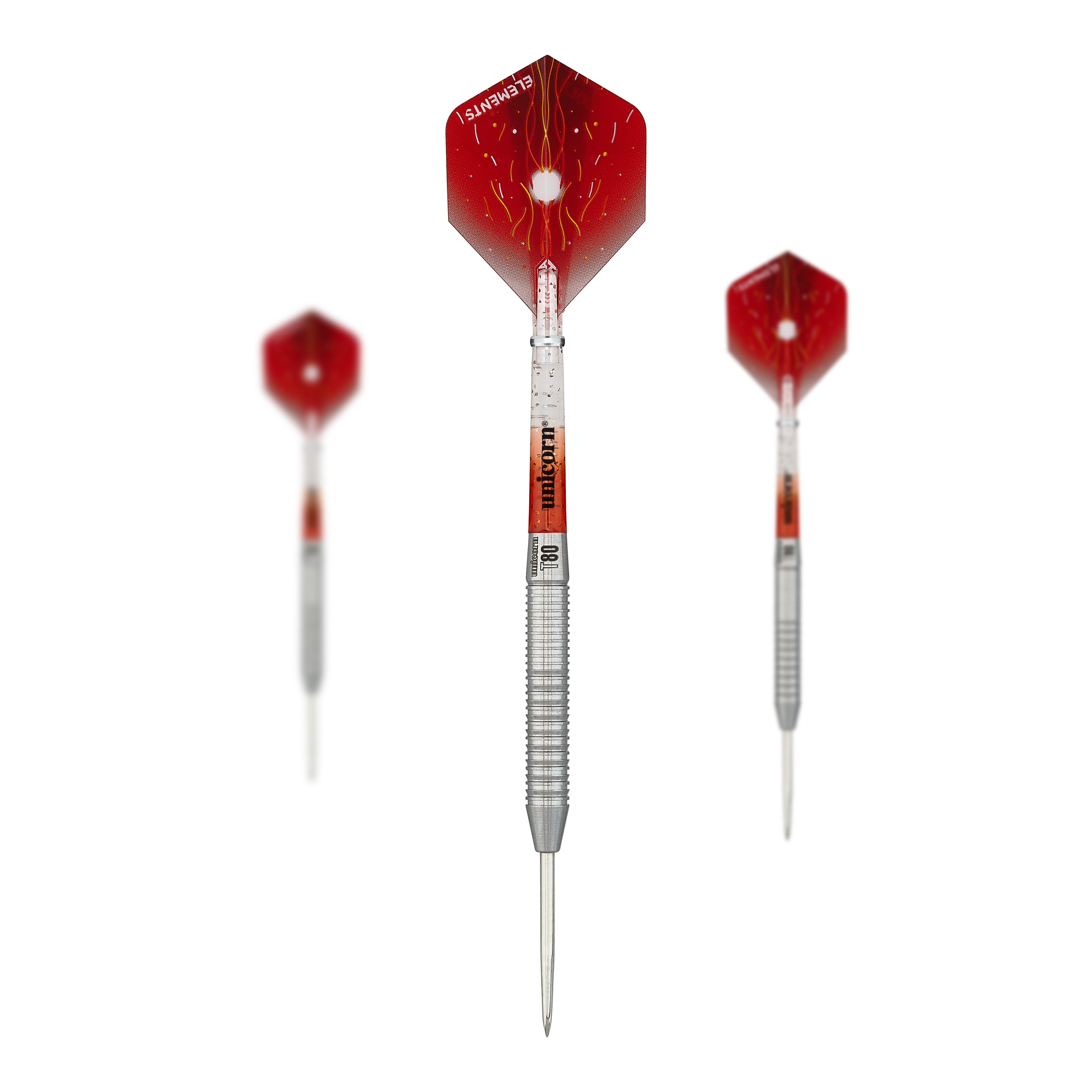 Freccette in acciaio Unicorn Core XL Striker Style 1 - 22 g Das Bild zeigt drei Steeldarts des Produkts "Unicorn Core XL Striker Style 1" mit einem Gewicht von 22g. Die Darts haben silberne Spitzen und Schäfte sowie rote Flights mit einem auffälligen Muster.