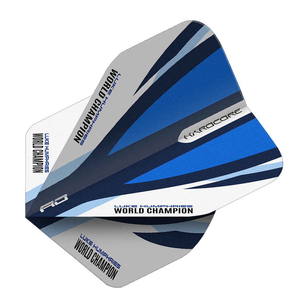 Red Dragon Hardcore Luke Humphries Voli Standard Blu Bianco Das Bild zeigt die Red Dragon Hardcore Luke Humphries Blue White Standard Flights. Die Dartflights haben ein blau-weißes Design und den Aufdruck "Luke Humphries World Champion".