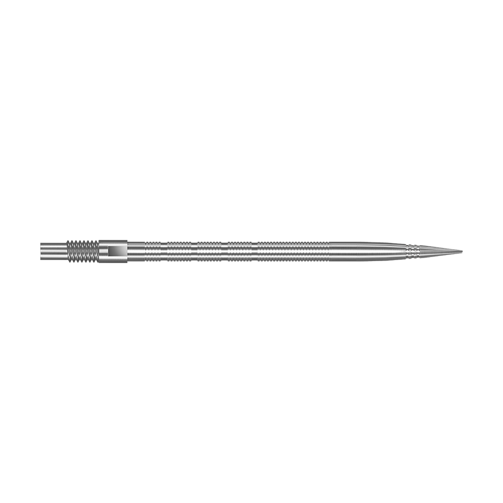 Abgebildet sind silberne Harrows Quick Point MicroRidge Dartspitzen mit einer Länge von 40 mm. Die Spitzen liegen nebeneinander auf dem Bild.