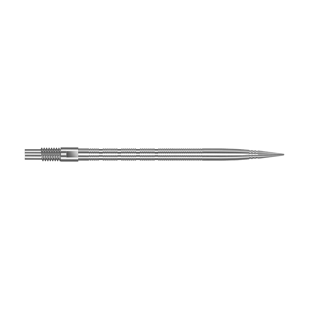 Punte per freccette Harrows Quick Point Micro Ridge - Argento Abgebildet sind silberne Harrows Quick Point MicroRidge Dartspitzen mit einer Länge von 40 mm. Die Spitzen liegen nebeneinander auf dem Bild.